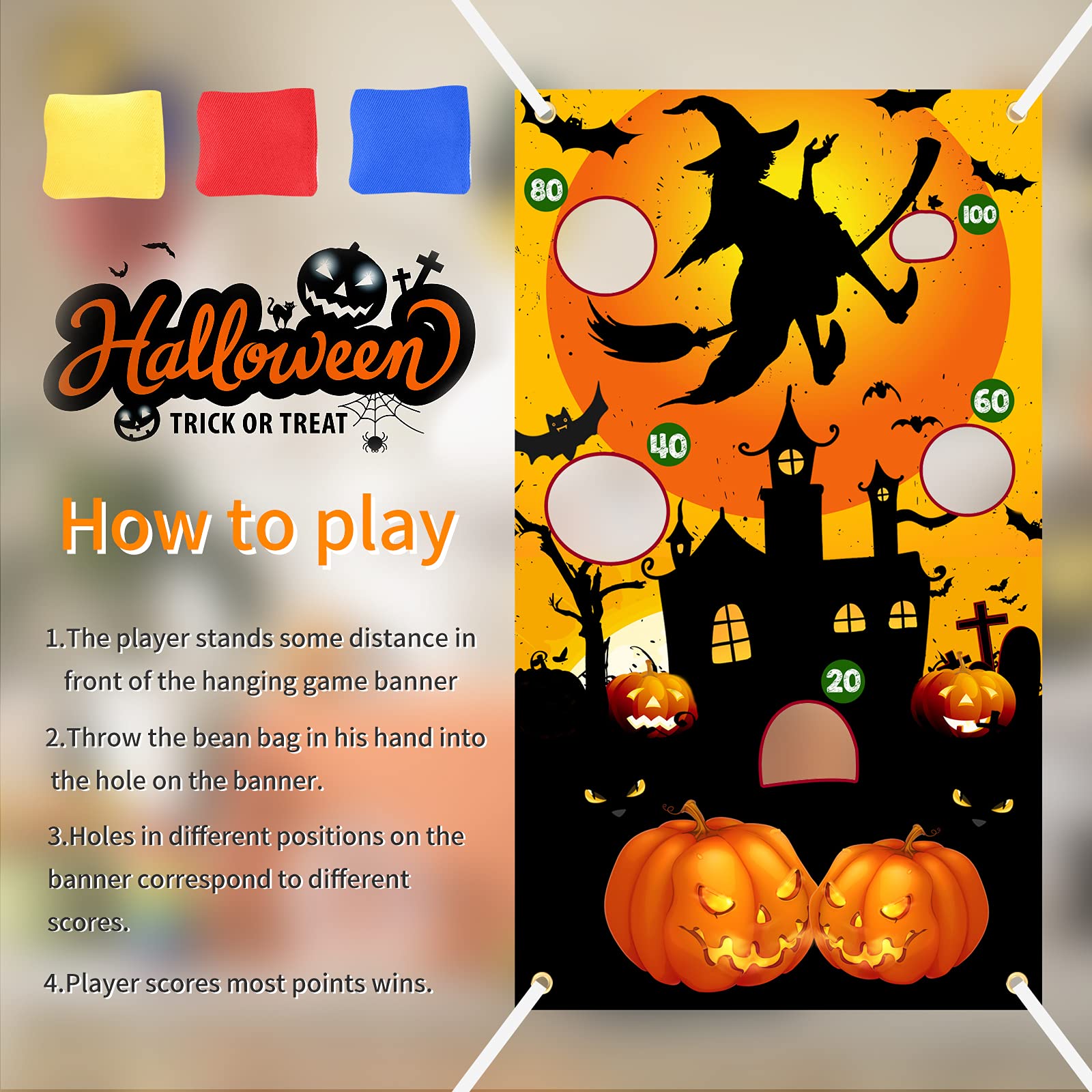 Jeu De Lancer Halloween - Bannière Avec 3 Sacs De Haricots, Décoration De Fête Pour Enfants Et Adultes