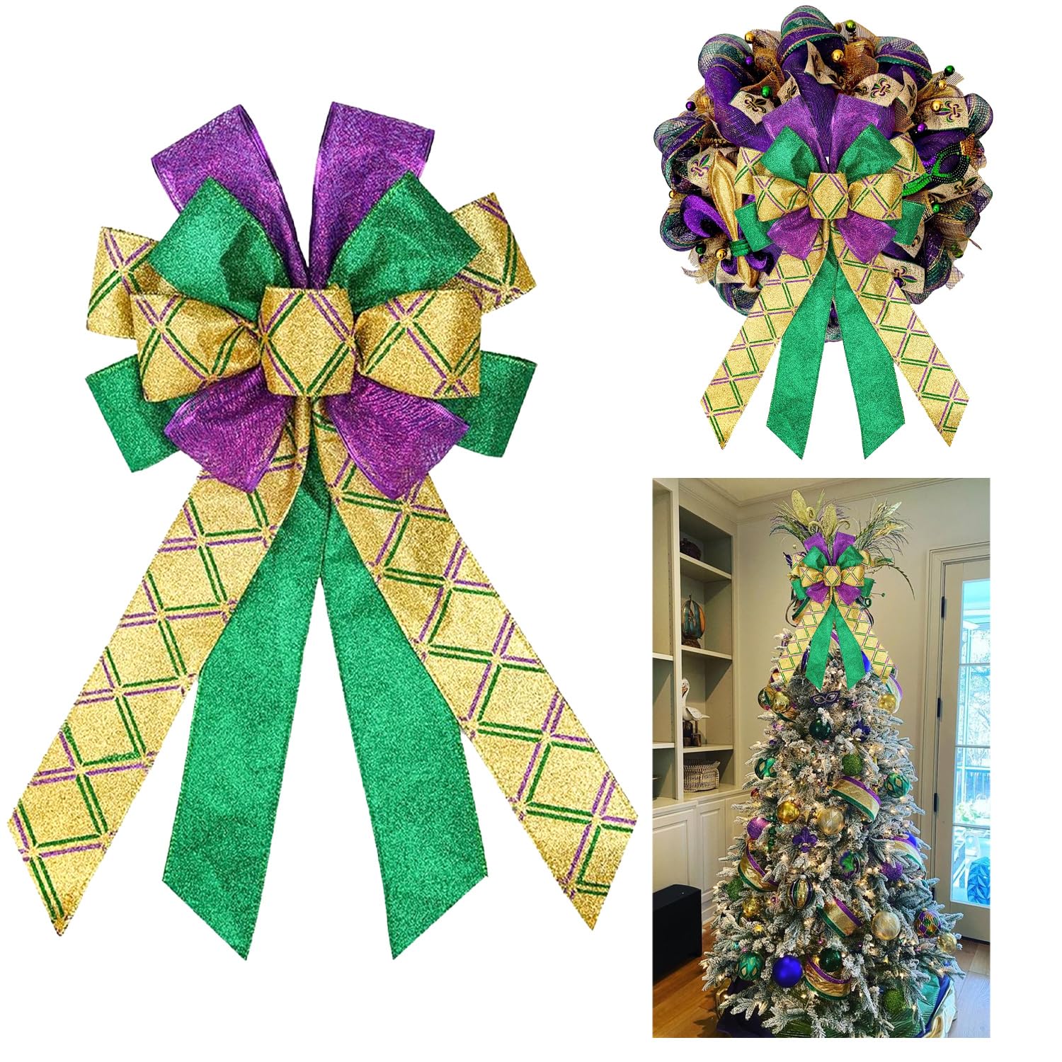 Mardi Gras Wreath Bows Purple Green Glitter Plaid Mardi Gras Bows for Wreaths Large Mardi Gras Ribbon Bows Tree Topper Bows for Mardi Gras Home Indoor Outdoor Decoration Wreath Ornament Supplies