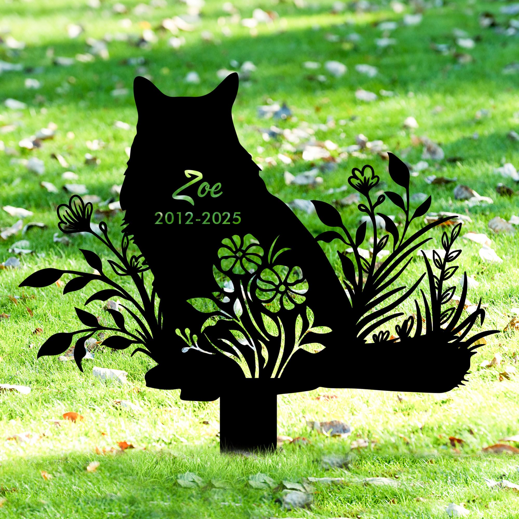 GMDLSK Personalized Cat Memorial Garden Stake - Custom Metal Grave Marker with Floral Engraving - Outdoor Pet Tombstone for Cemetery Decor - Durable Black Cat Headstone Memorial Gift