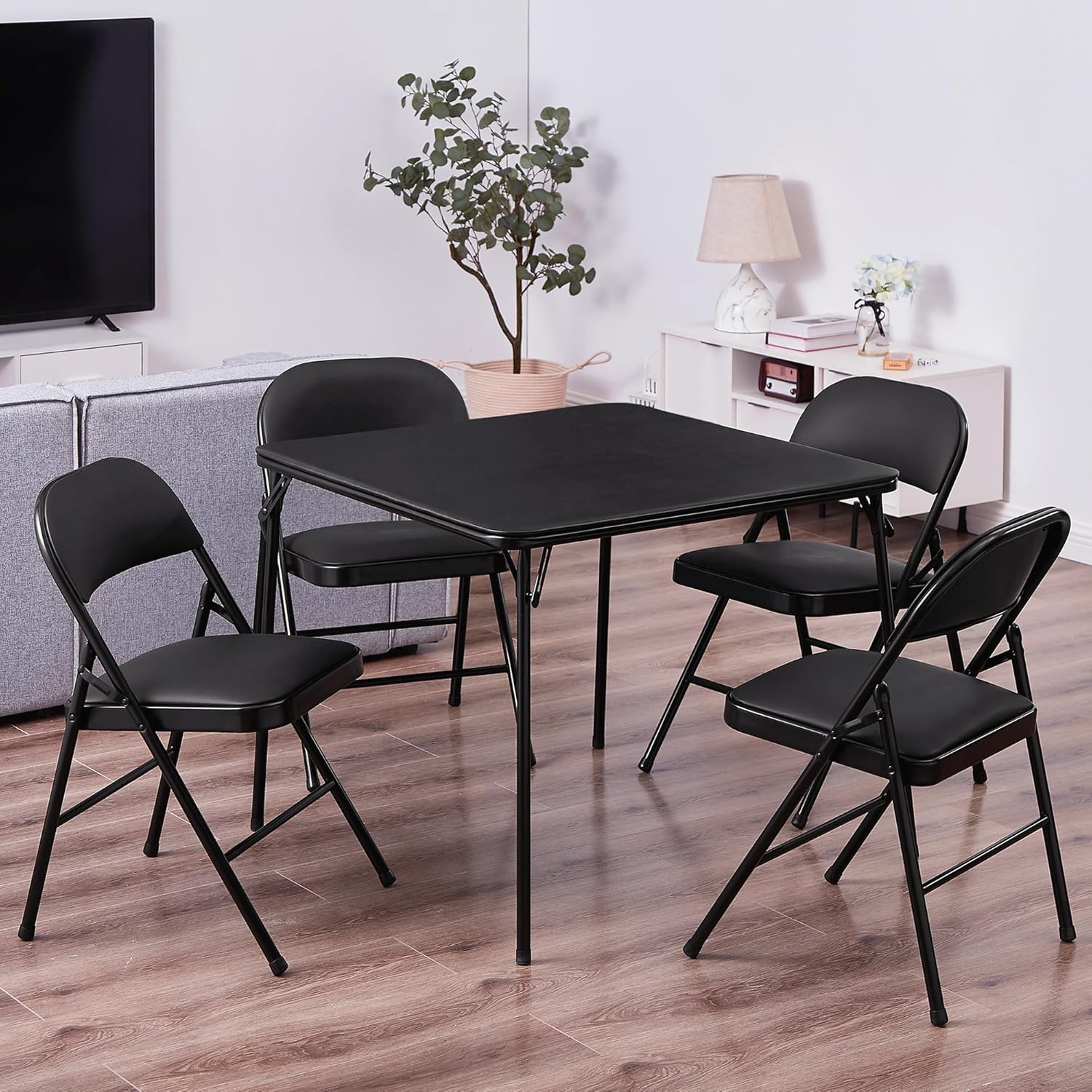 VECELO Folding Card Table and Chair Set of 5 Portable with Padded Tabletop, No Assembly Required, Black, 5 Piece Set Black Table & 4 Chairs