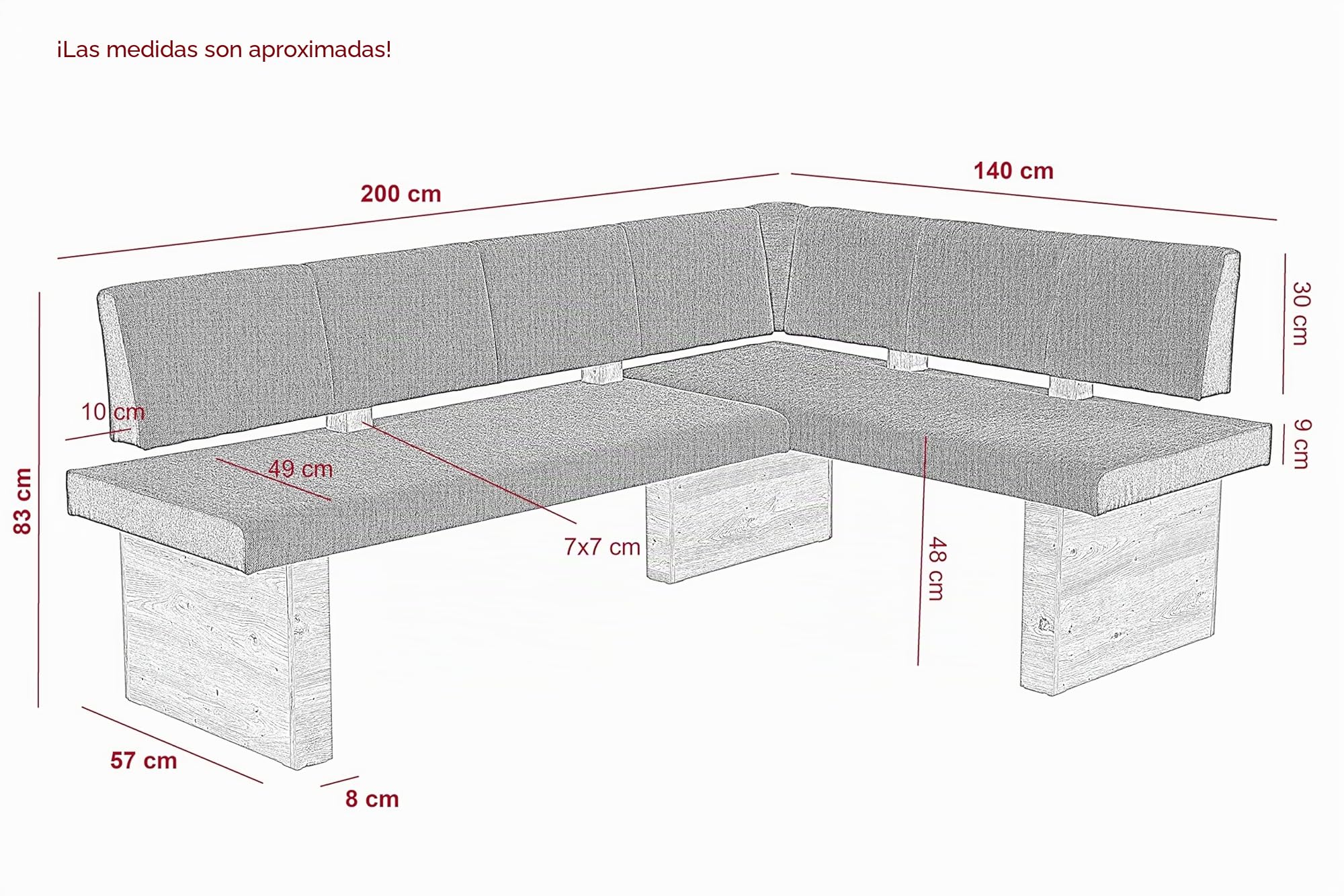 Hela Tische, Linn Banco Esquinero, Tela Tejida Marrón, Estructura de Madera de Roble Artisan, Montaje A La Izquierda-Derecha, Capacidad de Carga Aprox. 300 kg, Dimensiones 200 x 140 x 83 cm