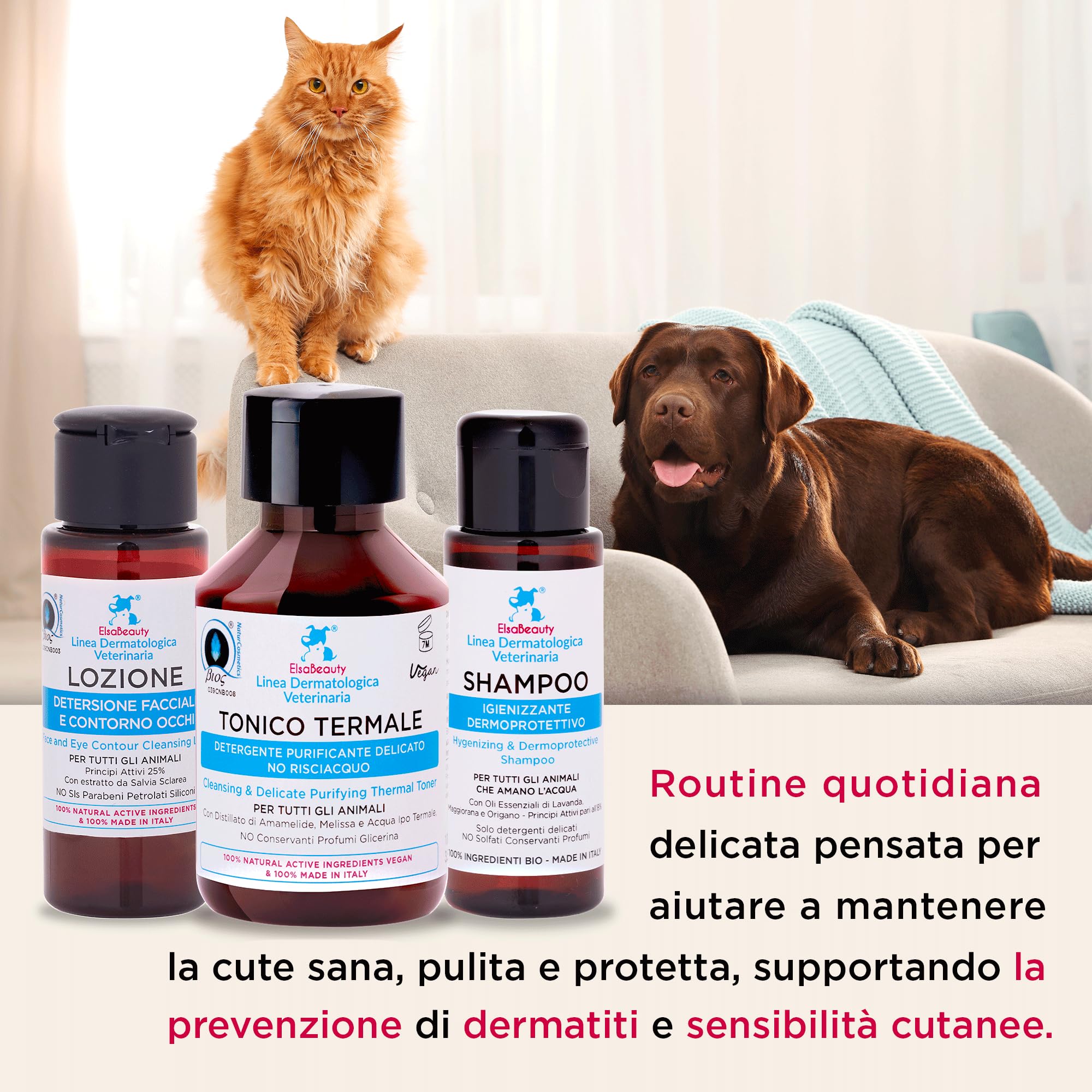 Shampoo Igienizzante Dermoprotettivo per Cani e Gatti, Cute Sensibile e Dermatite, 100% Attivi Naturali,