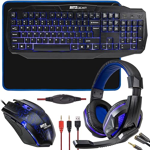 Ritz Gear Kit de accesorios para juegos (azul) Paquete de retroiluminación LED 4 en 1 Combo de PC con teclado multimedia, mouse óptico, alfombrilla