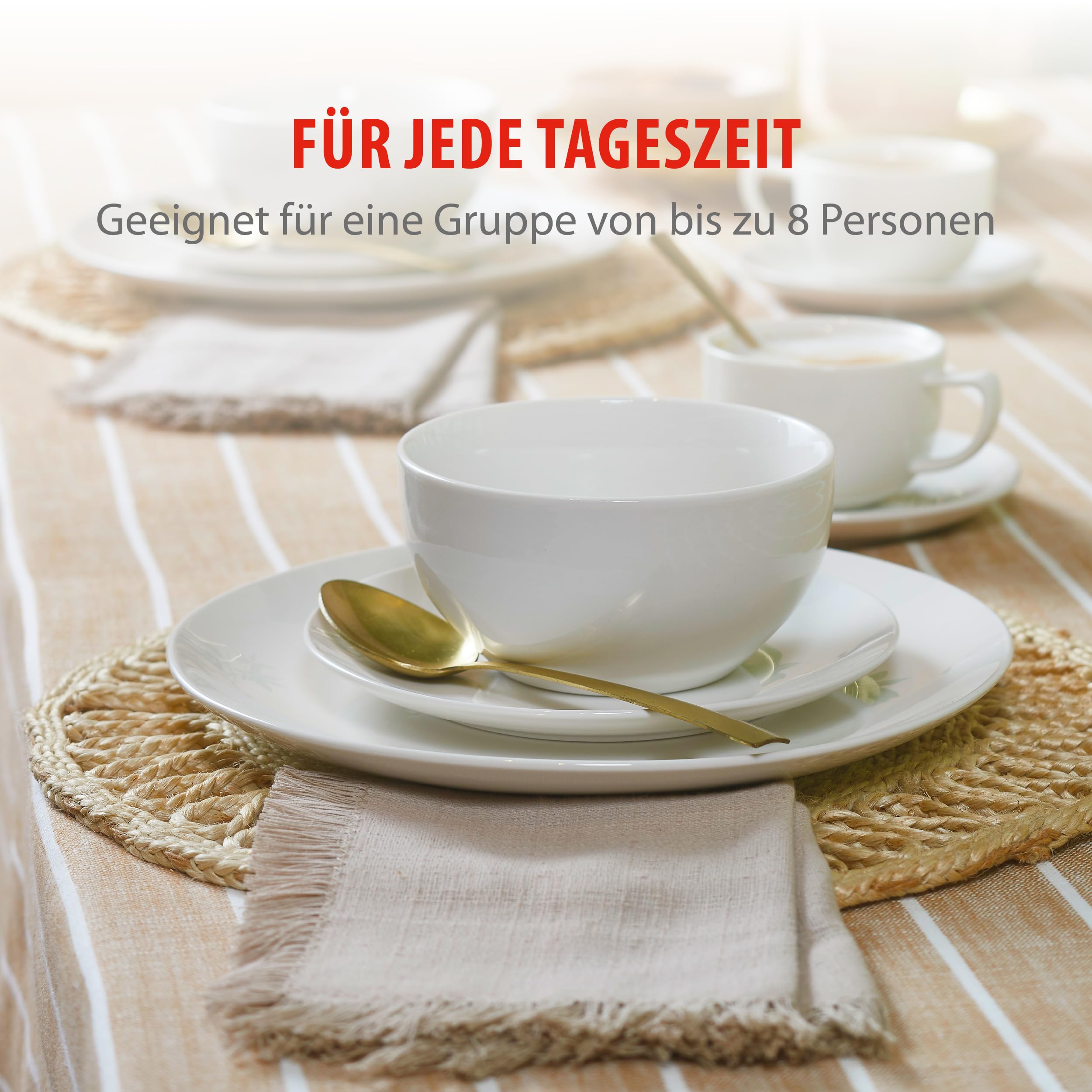 Alpina Geschirrset 8 Personen 40-teilig Steingut Teller Set Speiseteller Schalen Kaffeebecher Camping Mikrowelle Spülmaschinengeeignet Weiß