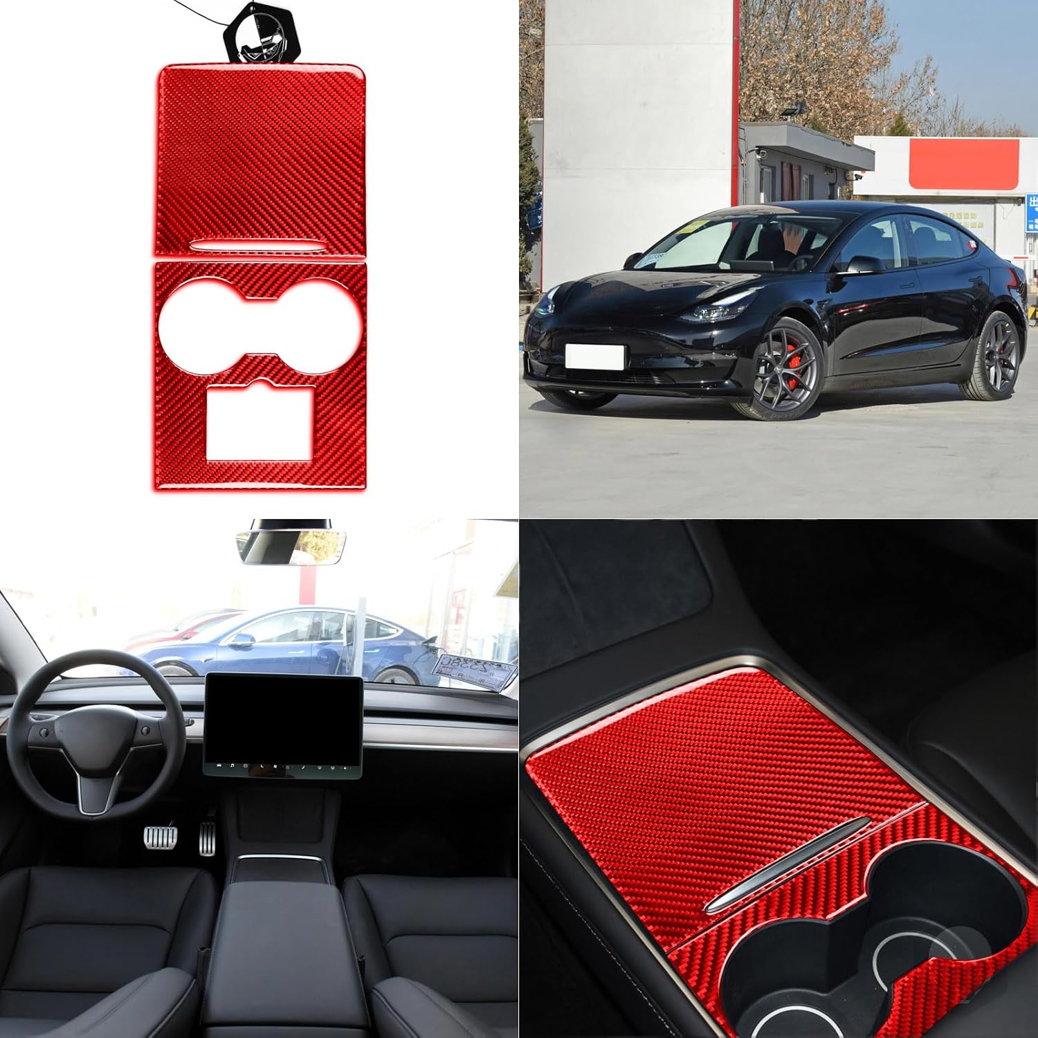 Red Real Carbon Fiber Car Center Console Decoration Panel Compatible with Tesla Model 3 2017-2022 Model Y 2020 2021 2022 2023 2024 Interior Trim Accessories Styble A