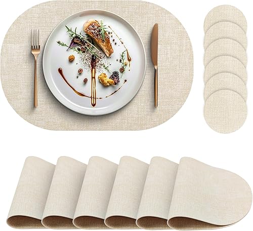 Juego de 6 manteles individuales de piel sintética con posavasos a juego, manteles individuales ovalados de poliuretano resistentes al calor,