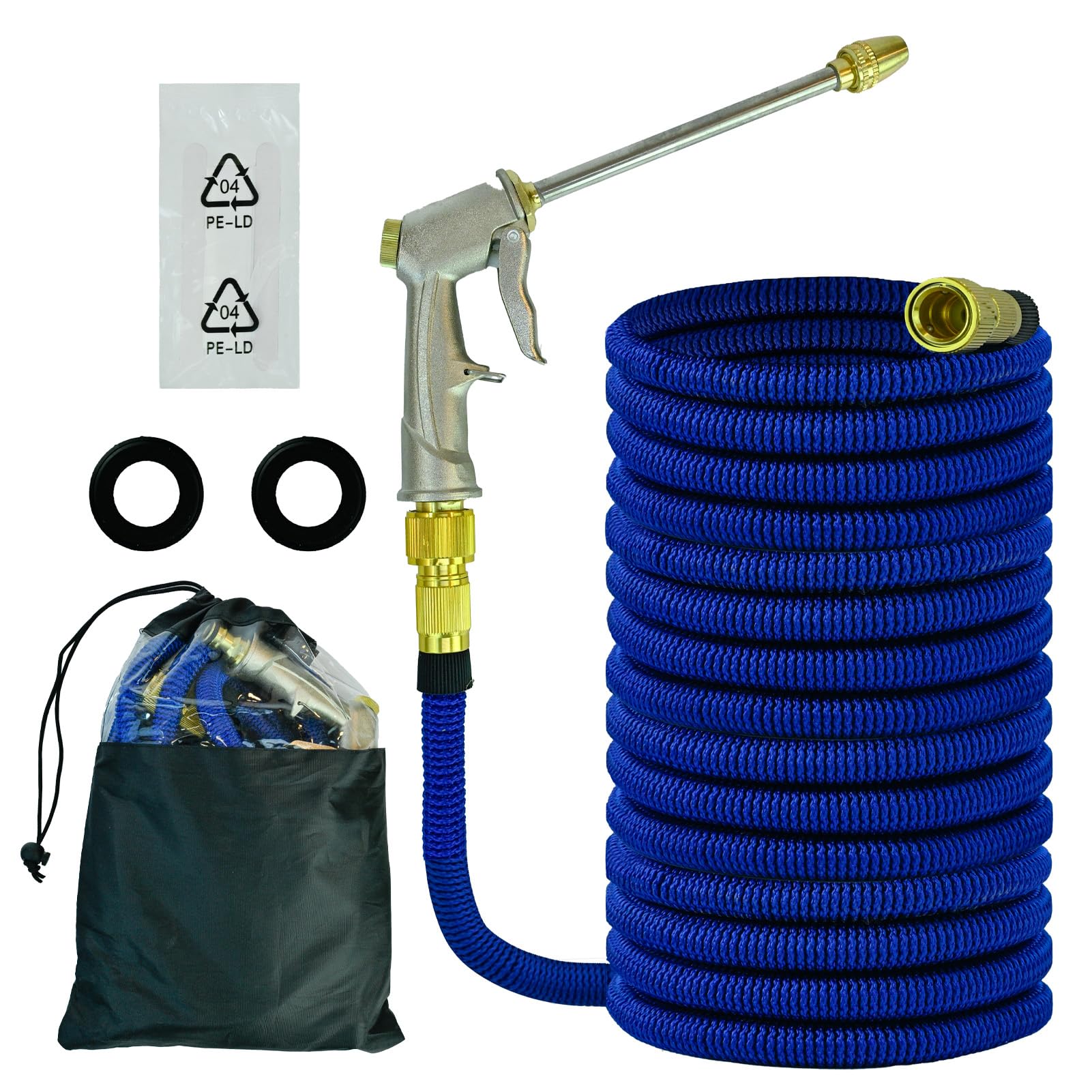Expandable Garden Hose, 5-in-1 Water Hose with High Pressure Metal Water Gun, 4 Layers Latex and 3/4 Inch Solid Brass Fitting, Heavy Duty Hose Pipe for Gardening,Car Wash (Light Blue, 50ft)