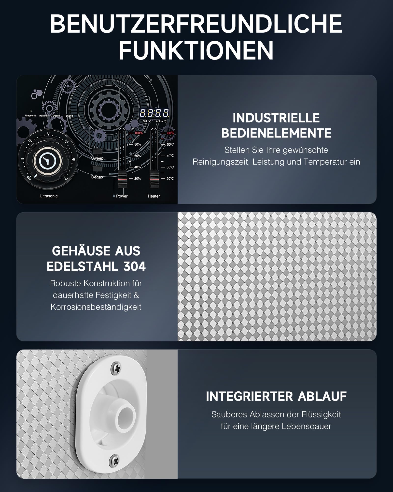 CREWORKS 15L Ultraschallreinigungsgerät Industriell, 33kHz 360W Ultraschallreiniger mit Sweep-Funktion, einstellbarer Timer und Temperatur, Teilereinigungsgerät mit Edelstahlkorb, 450W Heizleistung