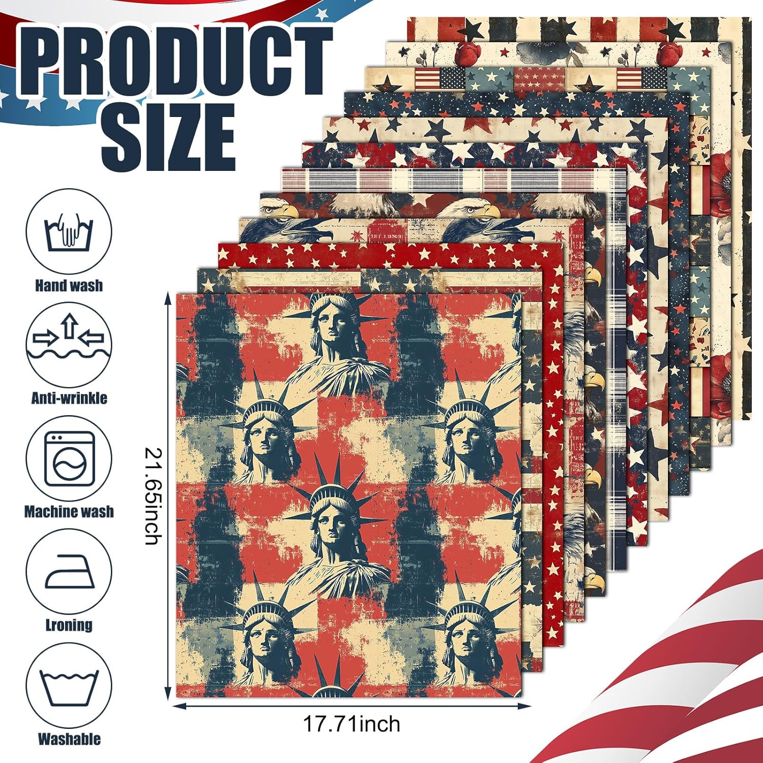 Mindsoft 12 Pcs Vintage Memorial Day Fabric Bundles 18 x 22 Inch Cotton 4th of July Patriotic Quilting Fabric Red White Blue USA Star Fat Quarter 250th Anniversary Precut Patchwork Material for Sewing