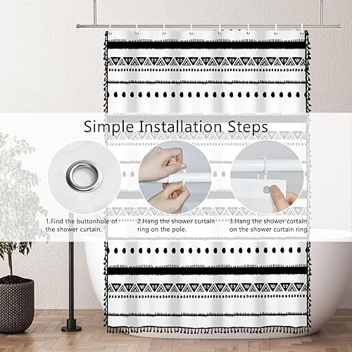 Miniatura 3 de AOFOTO Cortina de ducha bohemia con patrón geométrico de rayas negras para baño, cortina de ducha bohemia moderna para decoración del hogar con