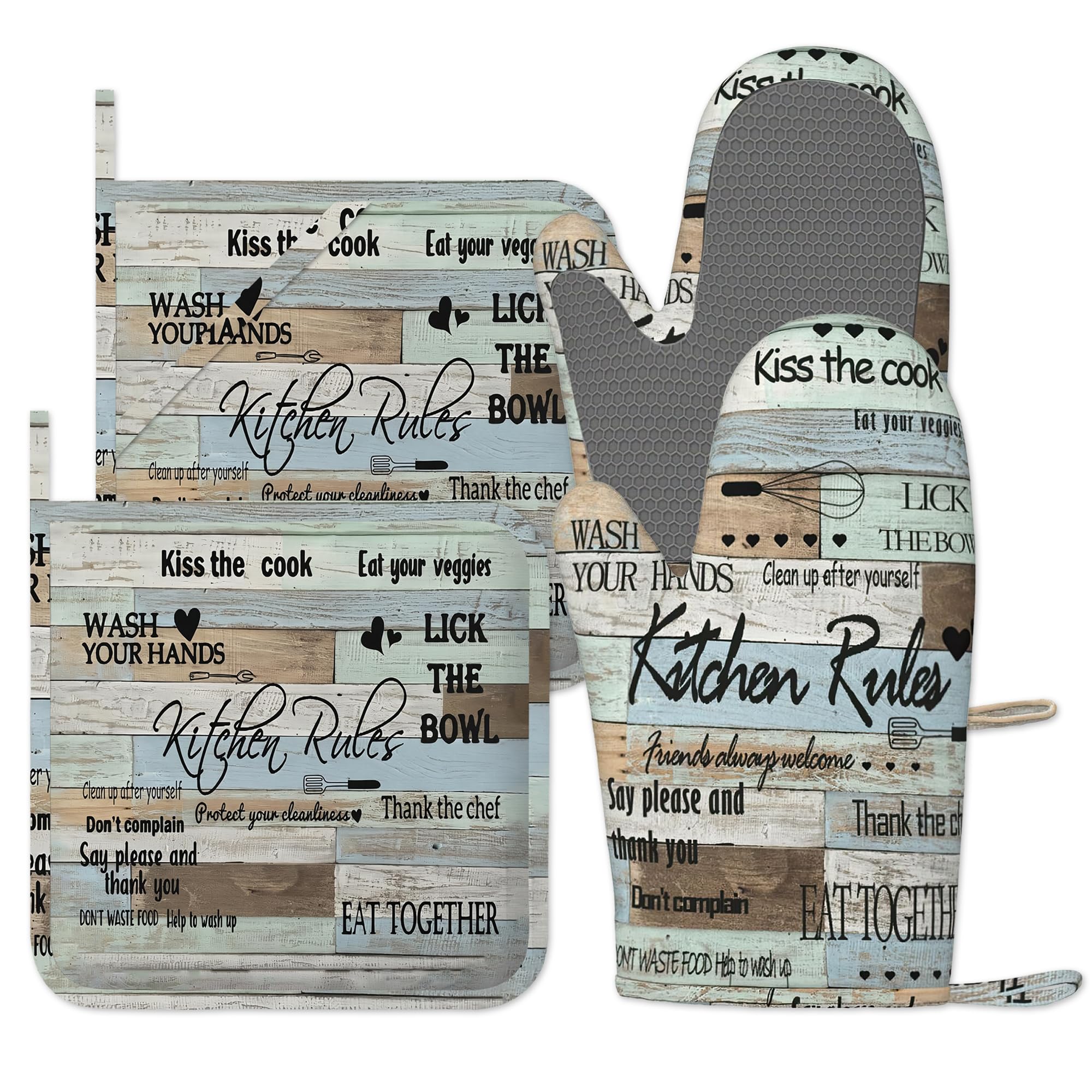 Farmhouse Oven Gloves, 4pcs Oven Mitts & Pot Holders Heat Resistant and Non-Slip Silicone Gloves for Cooking, Baking, BBQ, Kitchen Decor Gift