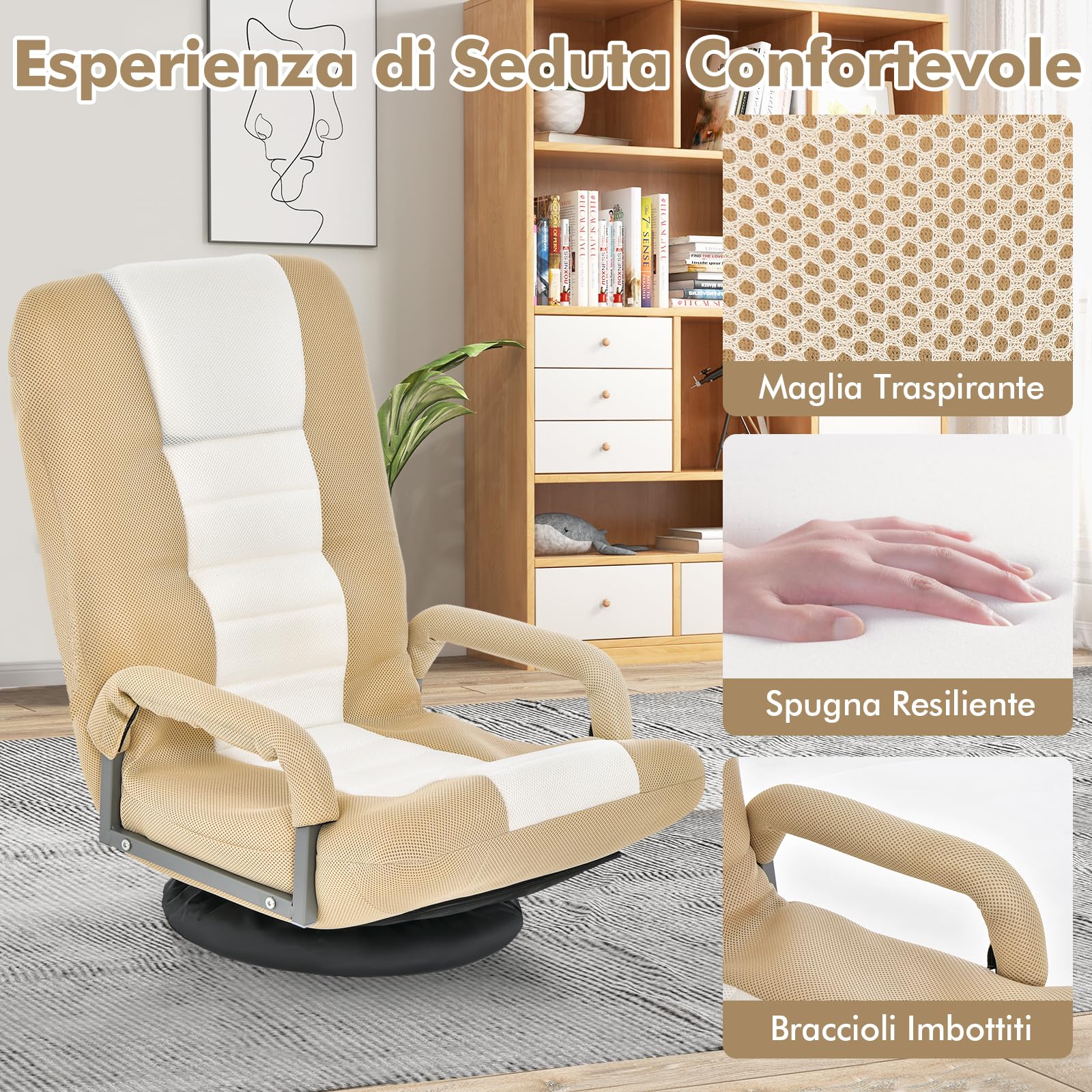 COSTWAY Sedia da Pavimento Pighevole, Sedia da Terra con Braccioli, Poltrona da Yoga Portatile e Girevole, Poltrona con Schienale Regolabile a 5+2 Livelli, Portata 150 kg (Marrone chiaro)
