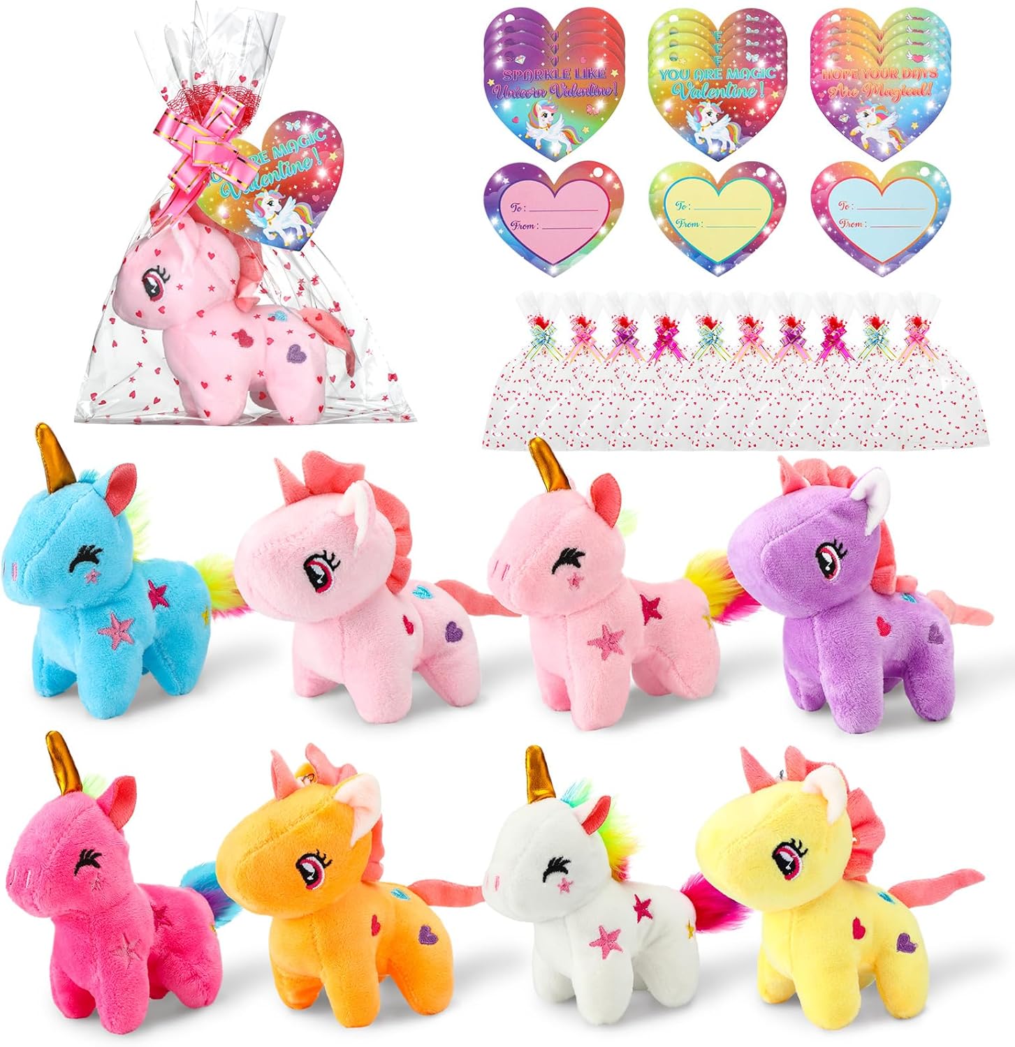 24 Sets Valentines Day Gift Cards for Boy and Girl 5" Mini Stuffed Animal Plush Keychain Heart Card Small Unicorn Plush for Valentine's Day Supplies Classroom Exchange Game Prize