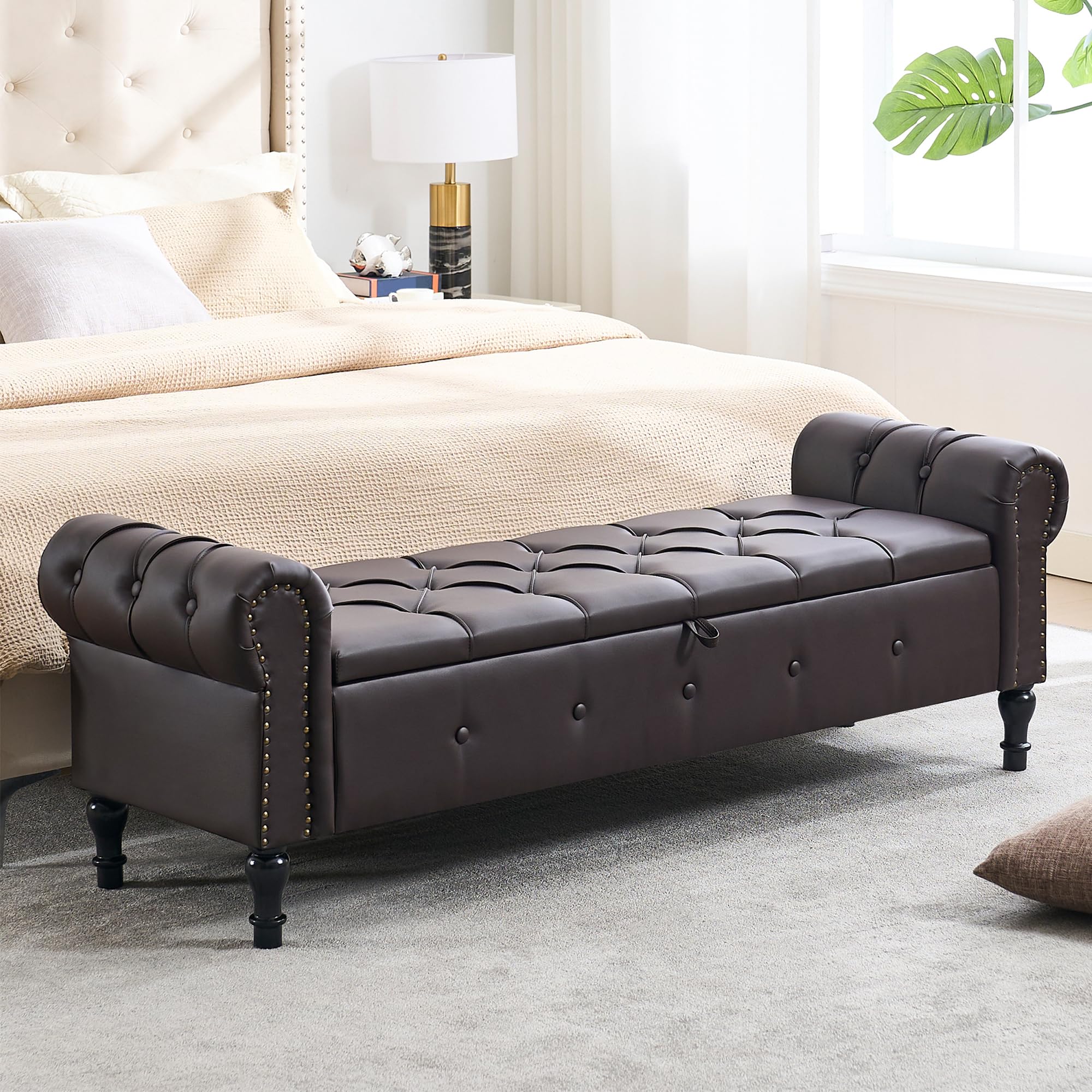 HOMYKA 67 inch Faux Leather Dark Brown Storage Bench