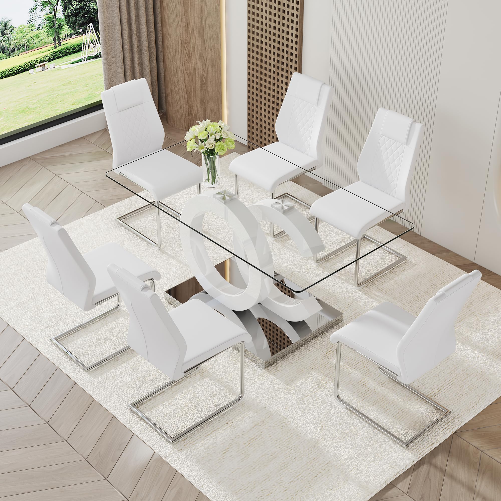 7 Piece Dining Table Set,Glass Dining Table Set for 6,Modern Dining Table and Faux Leather Padded Seats for Kitchens, Living Rooms, Bedrooms (White Table-White Chair B-6)