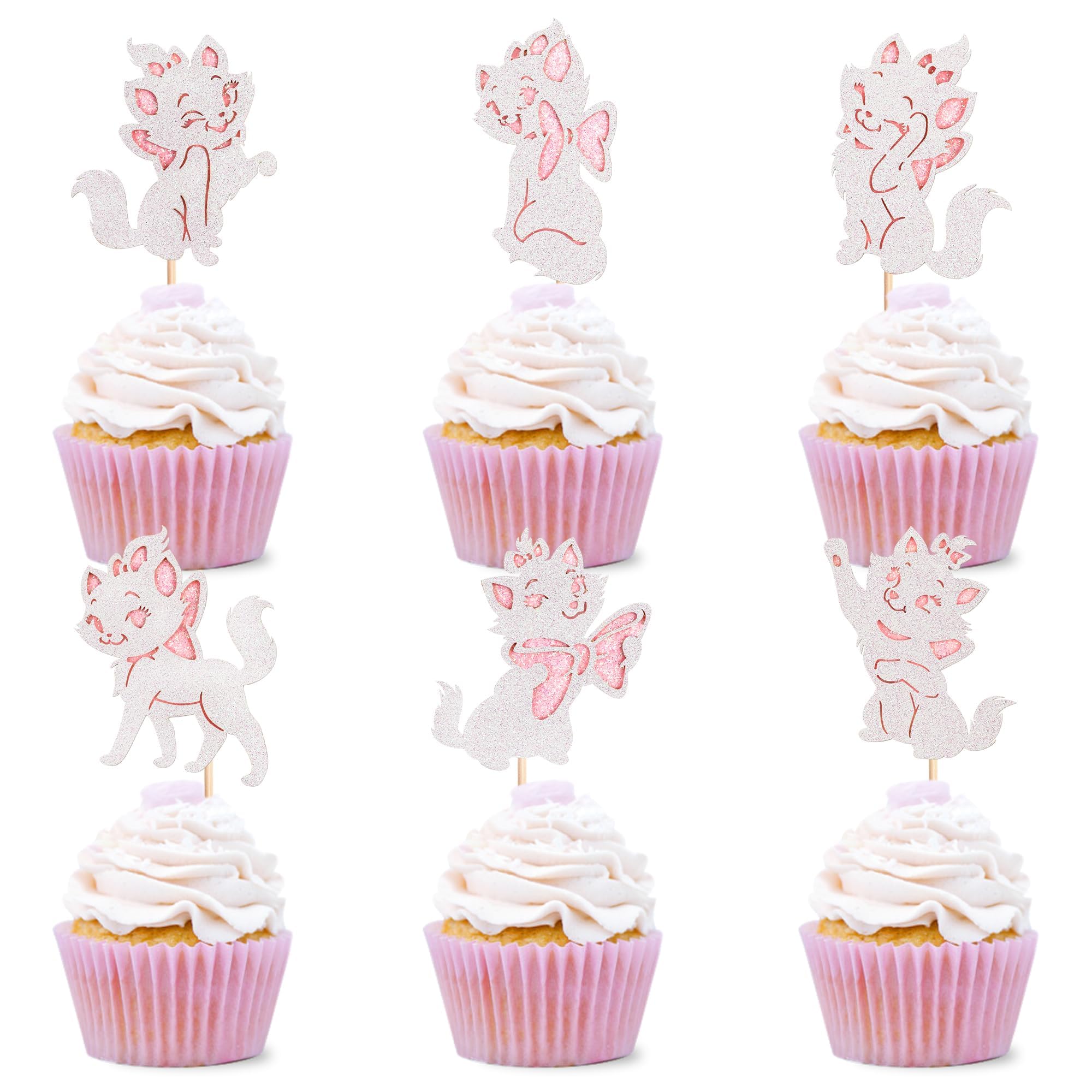 Blumomon 24PCS Kitty Cupcake Toppers Shiny White Pink Cat Cupcake Picks for Cat Theme Shower Girls Kitty Birthday Cupcake Decorations Let's Pawty Pet Cats Party Decorations