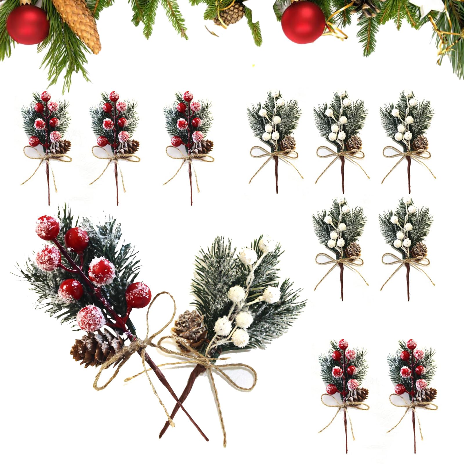 Pack of 12 Artificial Christmas Berries Fir Branches Christmas Berry Stems Christmas Berry Stems Holly Stems for Christmas Tree DIY Wreath Craft Winter Holiday Decoration (6 Red + 6 White)