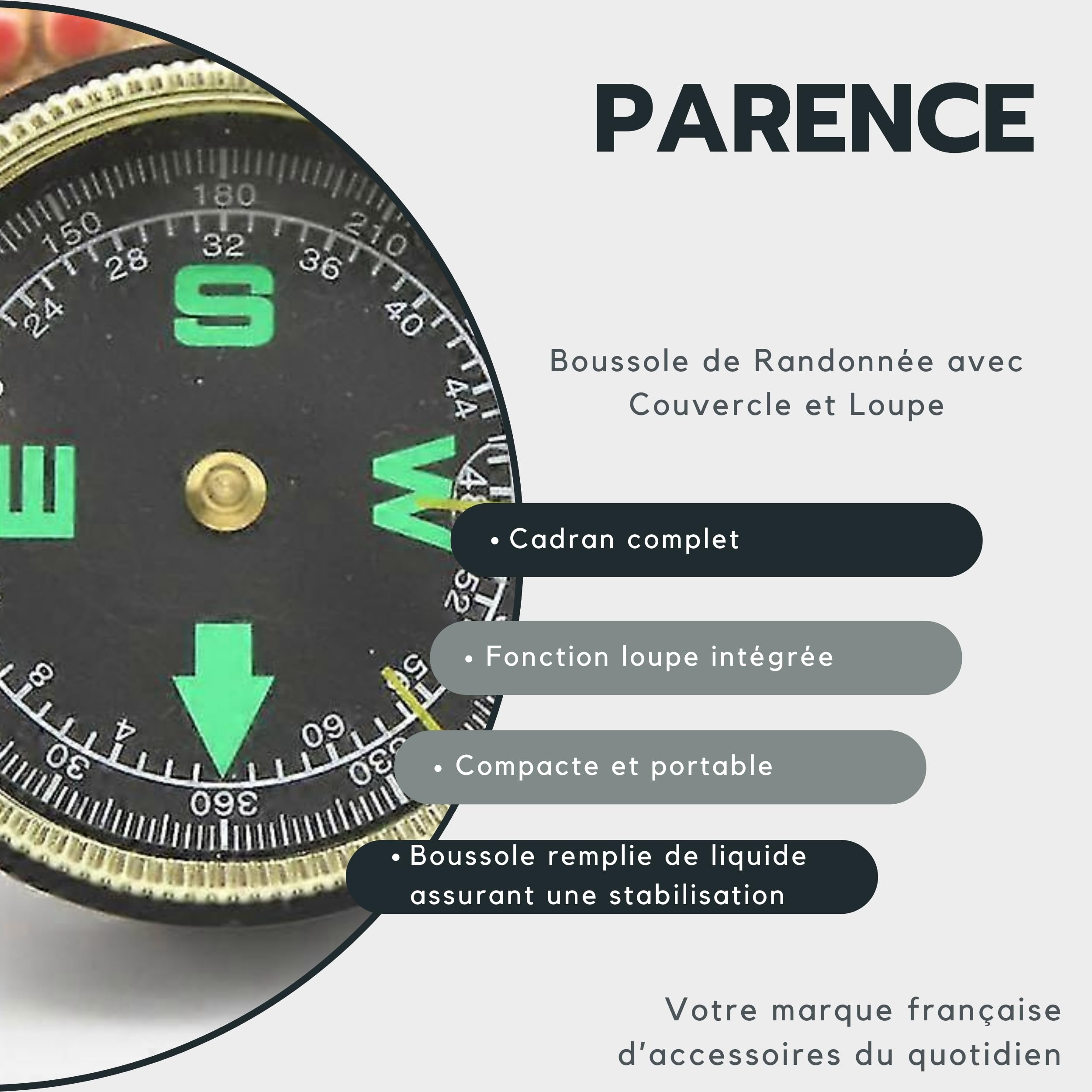 PARENCE – bussola da trekking con coperchio e ingrandimento – Rumore fluorescente – visualizzazione dei gradi – bussola portatile per campeggio, escursionismo, navigazione, ricerca dei sentieri – nero