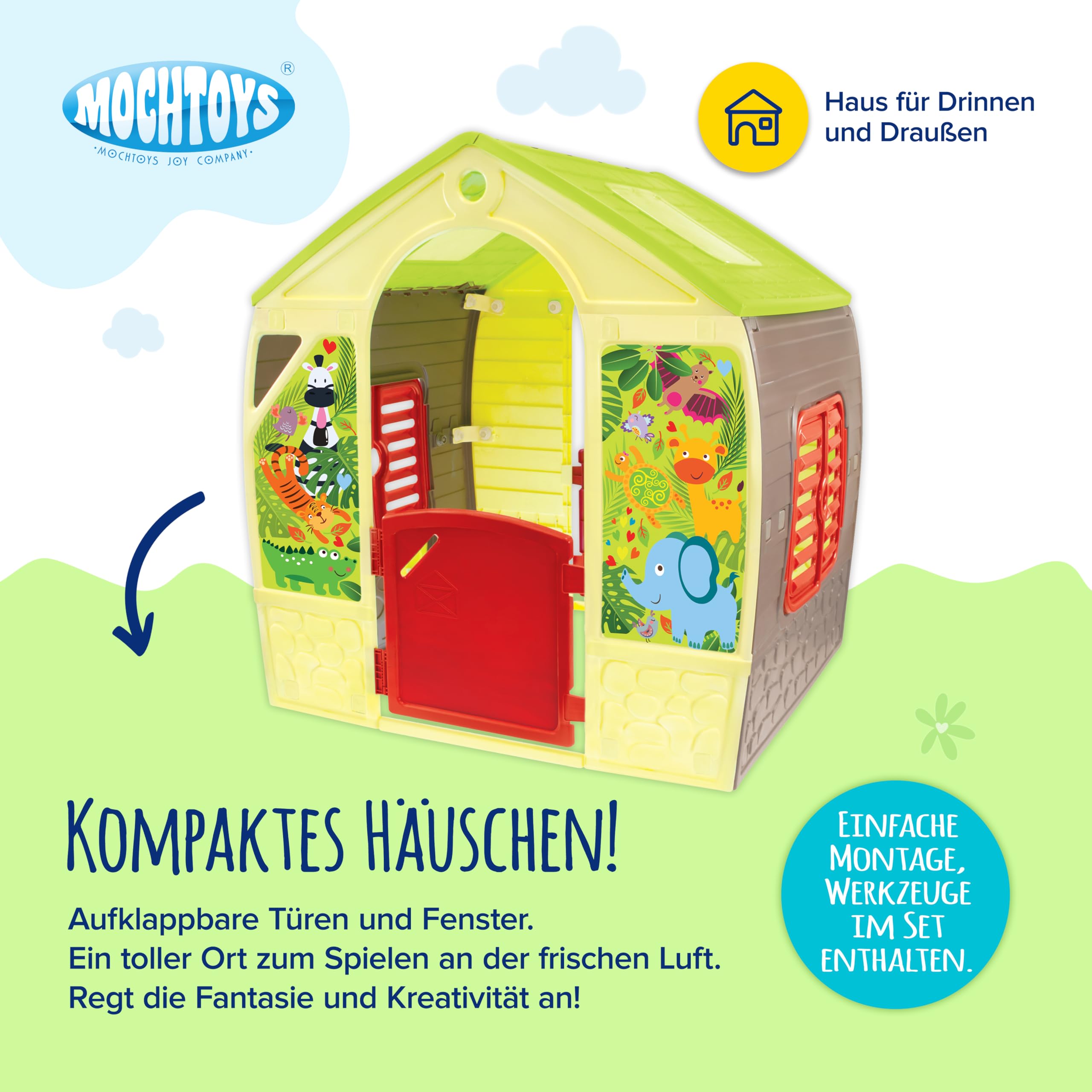 Mochtoys Spielhaus Kinder - Gartenhaus für Außen und Innen, Kunststoff Kinderspielhaus Für Garten Draußen, 102x88x108 cm