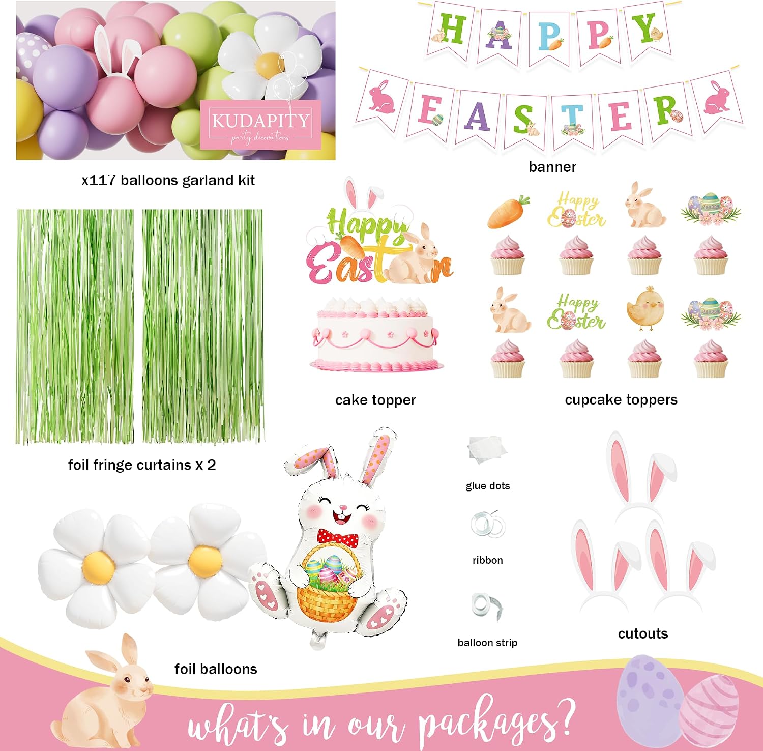 Easter Party Decorations Kit – Happy Easter Bunny Party Supplies for Home & Indoor Decor, Spring Balloon Garland with Banner, Cake & Cupcake Toppers, Foil Fringe Curtains for Easter Garden Celebration
