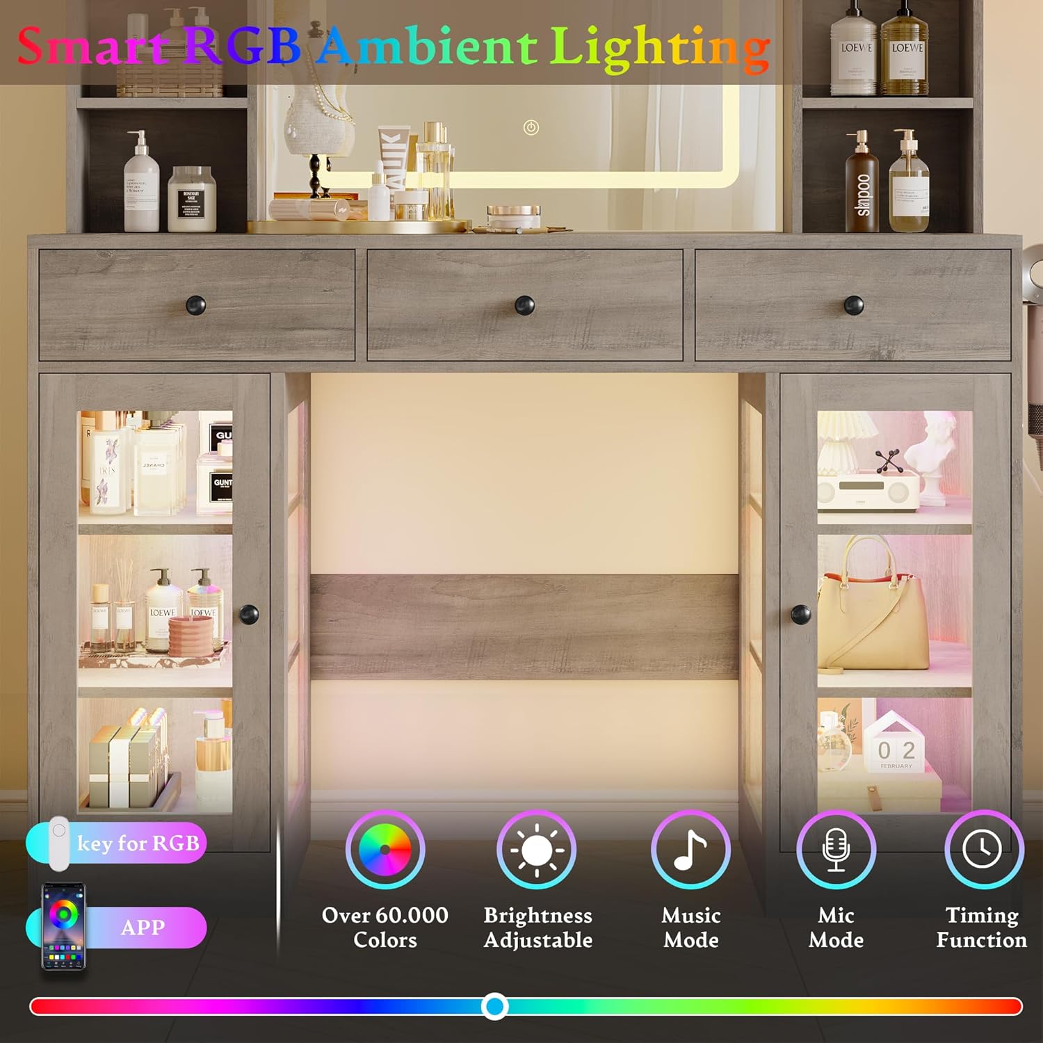 Wodeer vanity desk with smart RGB ambient lighting, showing various color options and control features like app control, music mode, and timing function.
