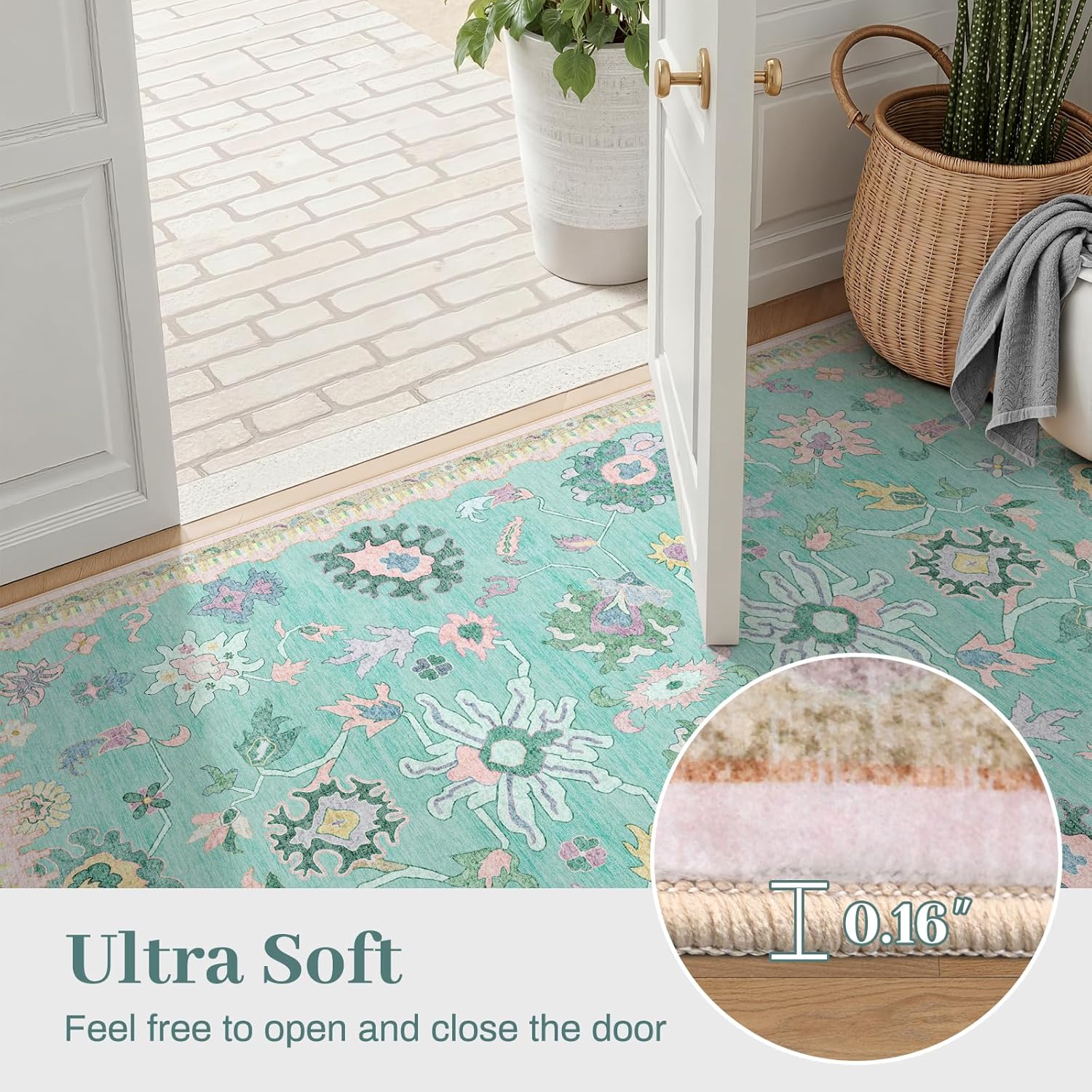 2x3 Washable Entryway Rug- Modern Oushak Rug Vintage Floral Carpet for Bedroom Non-Slip Low Pile Soft Machine Washable Doormat for Indoor Entrance, Laundry, Kitchen, Bathroom (2'x3', Green and Pink)