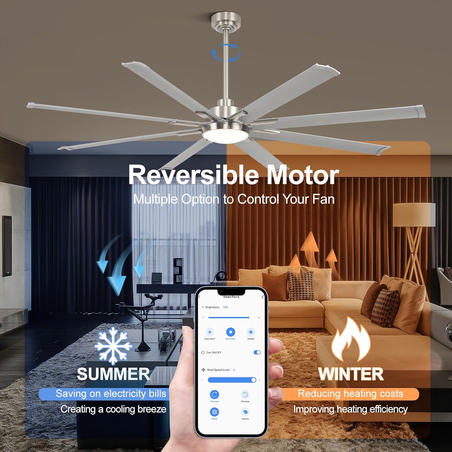 72 Inch Ceiling Fan with Light,Industrial Ceiling Fan with 8 Black Aluminium Blades,Smart Fan Compatible with Alexa,Garage Outdoor/Indoor Fan for Patio and Living Room, Brushed Nickel