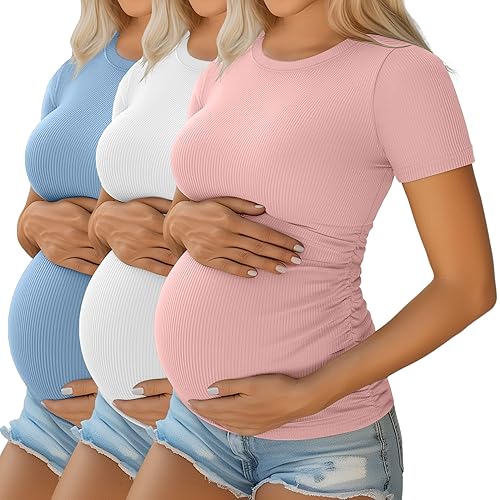 Ficerd 3 Pack Women's Maternity Shirts Cotton Short Sleeve Pregnancy