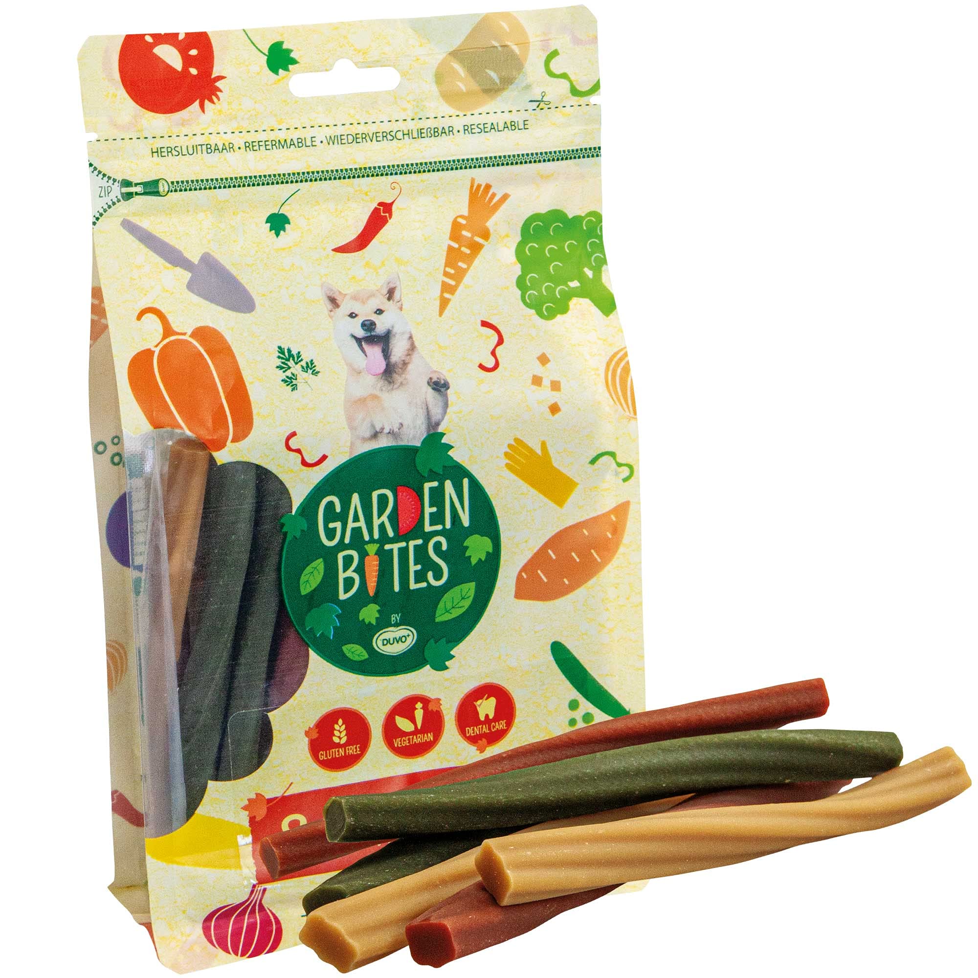 Garden Bites Dental Twisters - Snacks Vegetarianos para Perros - Sin Gluten - Aperitivos para Perros - Sabor Boniato - Alimento Rico en Vitaminas, Calcio y Hierro - Pack de 420g y 28 Uds - Duvo+