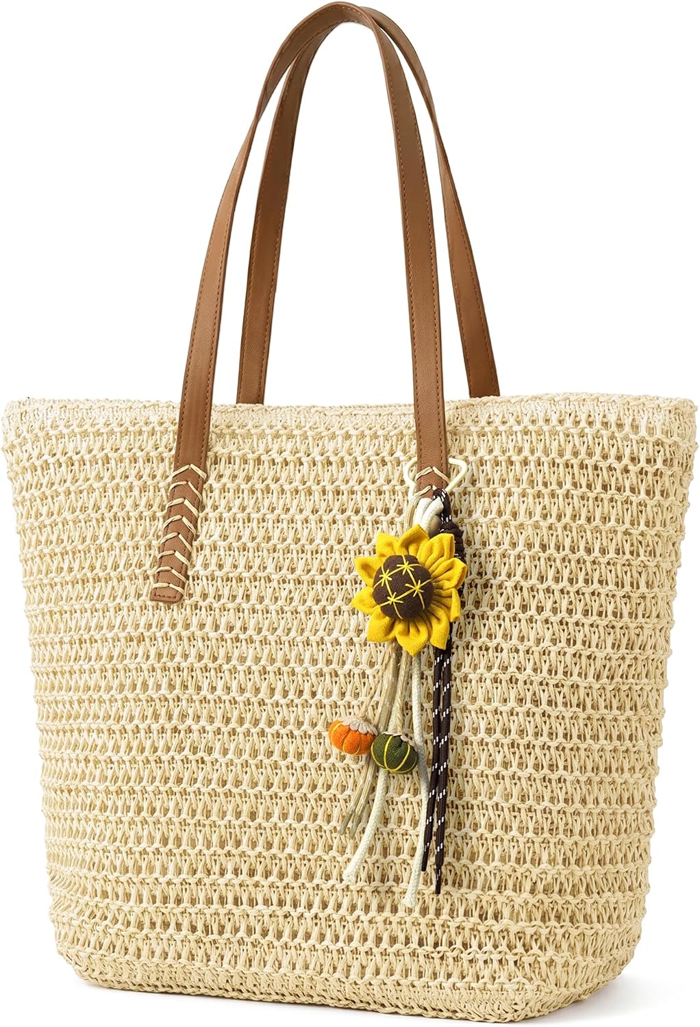 Woven Straw Tote Bag for Women – Summer Beach Bag with Zipper & Pocket, Boho Shoulder Handbag with Sunflower Charm