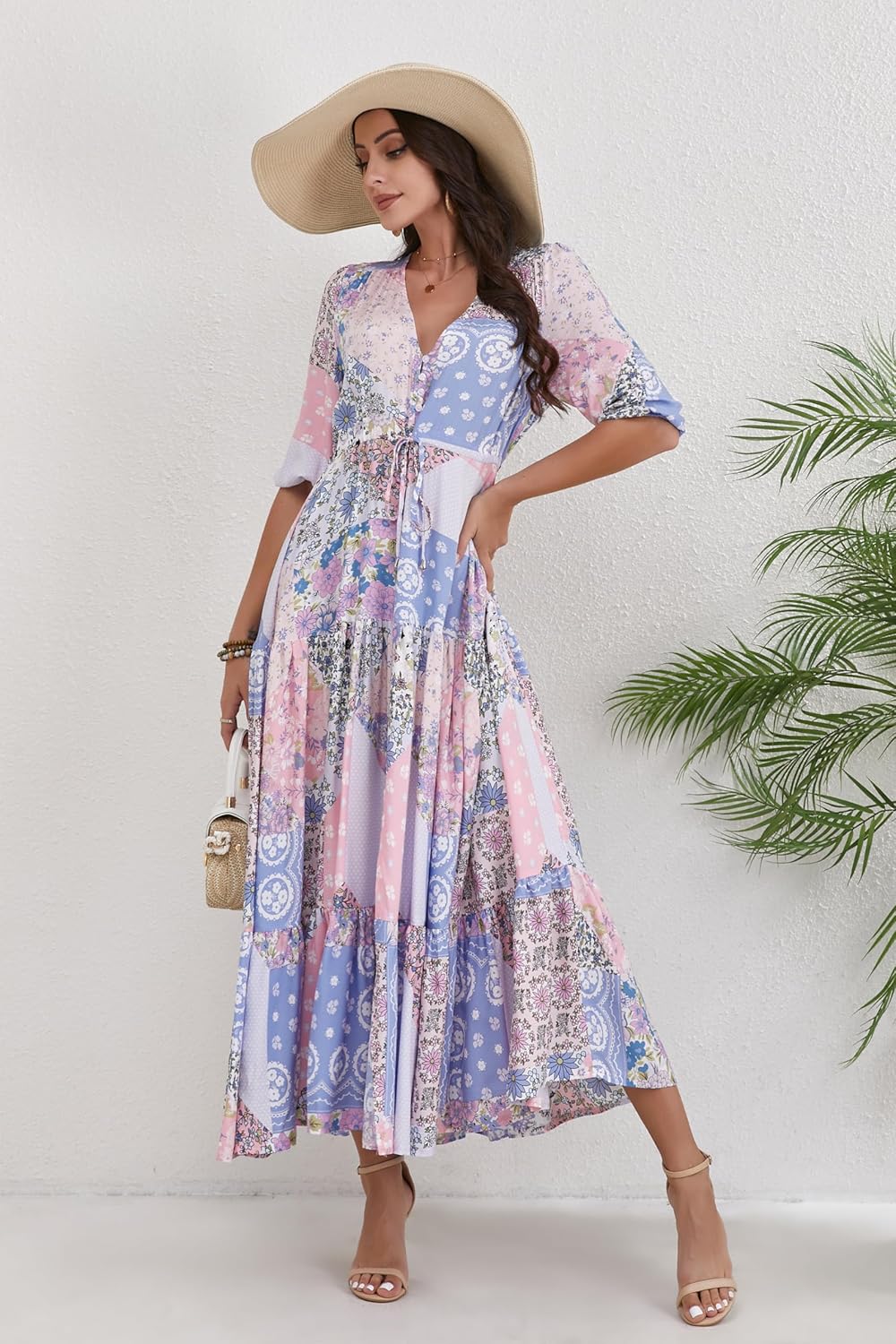 Women Short Sleeve V Neck Floral Print Casual Bohemian Maxi Dresses - Image 6