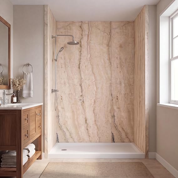 Transolid Titan 3-Piece Alcove Shower Wall Surround, 60 in. L x 48 in. W x 96 in. H, Aluminum Composite, Grout-Free Glue-Up Over Existing Walls, Trimmable Stone Look, TWK604896-KI32G