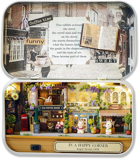 Cuteefun Miniature DIY Dolls House Kit, Wooden Photo Frame Style Doll house Kit with Furniture, Dust Proof, Handmade Crafts for Adults, Gift for Birthday, Valentine's Day Father's Day(Coffee Time)