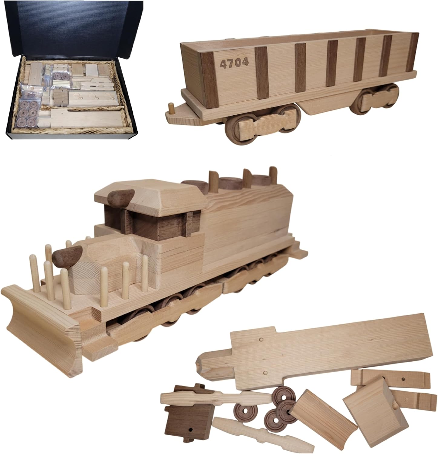 Train Wooden Building Kit DIY Woodworking Real Wood Model Hemlock BlackWalnut (Locomotive and Gondola)