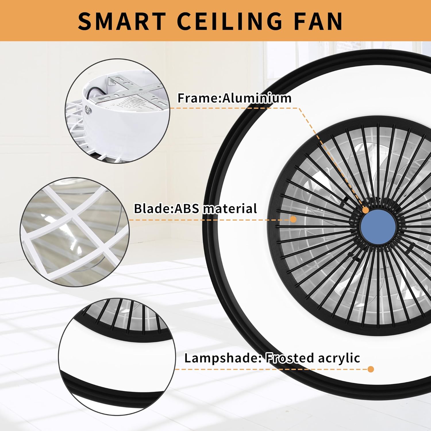 RGB Ceiling Fan with Light, 24'' Low Profile Ceiling Fans, Flush Mount LED Fan Light with Remote Control, Modern Bladeless Fandelier for Bedroom, Living Room, Kitchen (Black, 24")