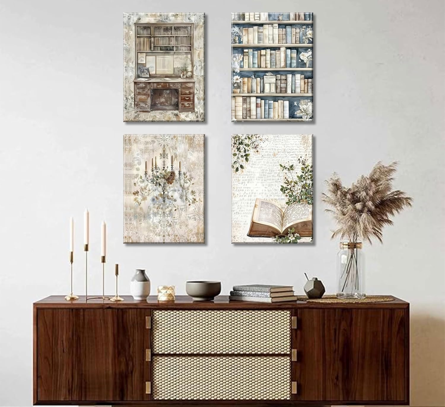 Vintage Reading Wall Art Retro Library Book Posters Wall Decor Floral Bookshelf Candle Light Painting Pictures Club Library Prints Canvas for Bedroom Living Room Office Classroom Framed 12x16