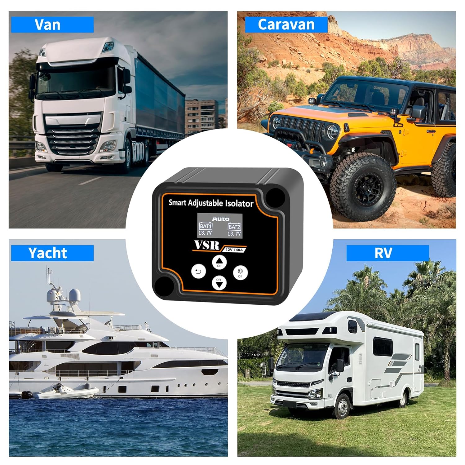 TIPHOPE Adjustable Dual Battery Isolator with Voltage Display, 12V 140Amp Voltage Sensitive Relay Smart Battery Isolator, Delay Setting, for Car Truck RV Marine