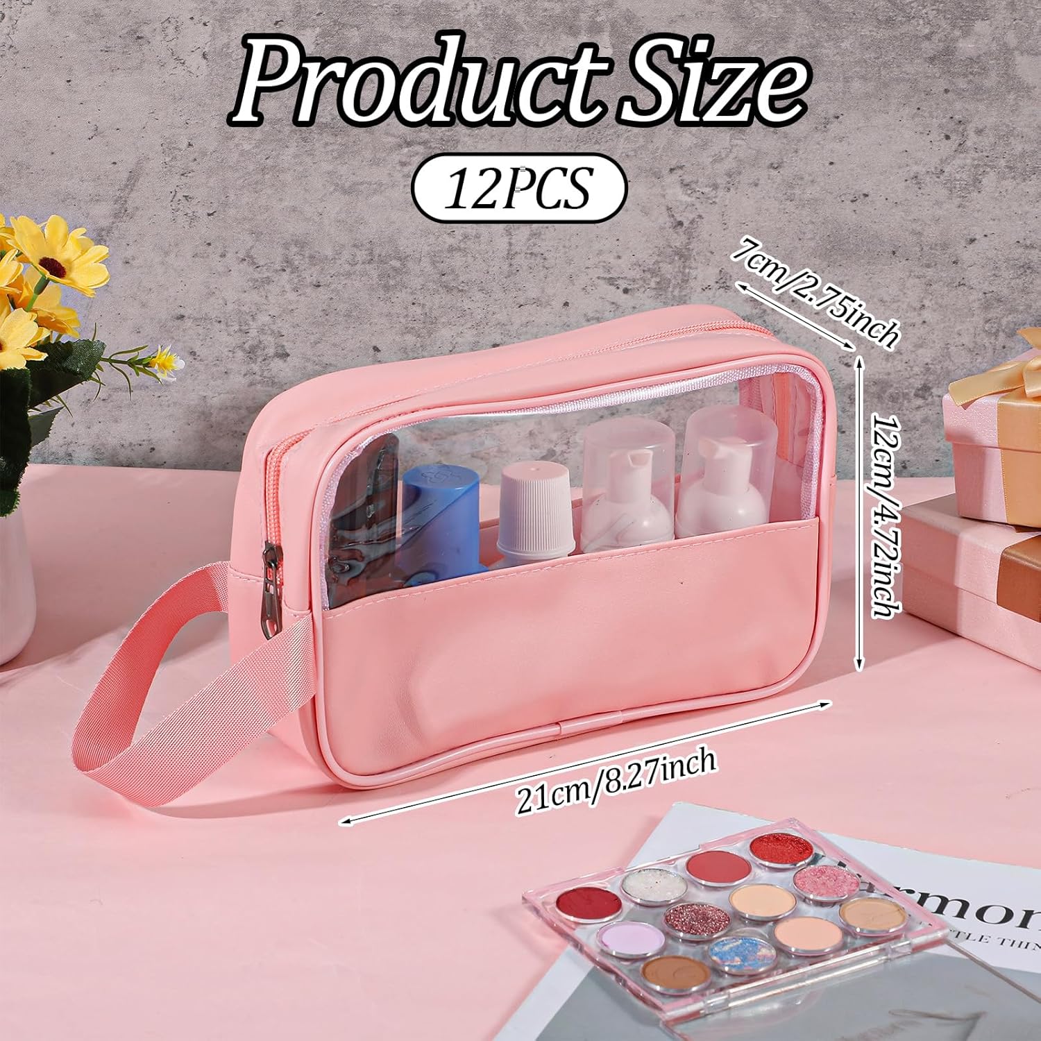 MAQUITA 12 Pcs Clear Cosmetic Bags Translucent Small Travel Makeup Pouch Waterproof Portable Cosmetic Bag Toiletry Bag for Travel Make up Toiletries Organizer (Pink)