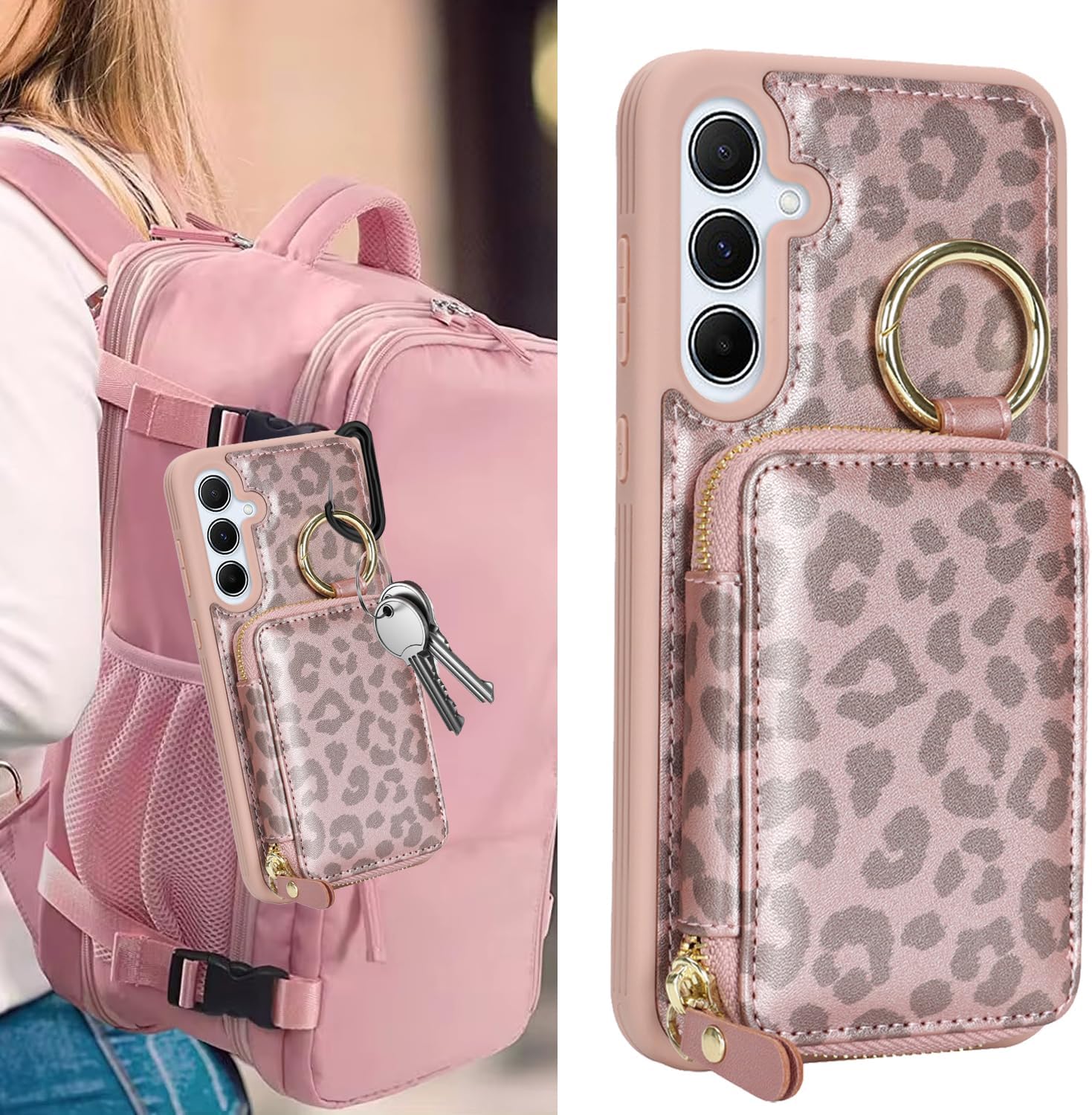 for Galaxy S25 Plus Case Wallet with Card Holder,for Galaxy S25 Plus Phone case Wallet with Zipper with Slot Kickstand Stand Case for Women and Man 6.7 inch-Rose Gold Leopard