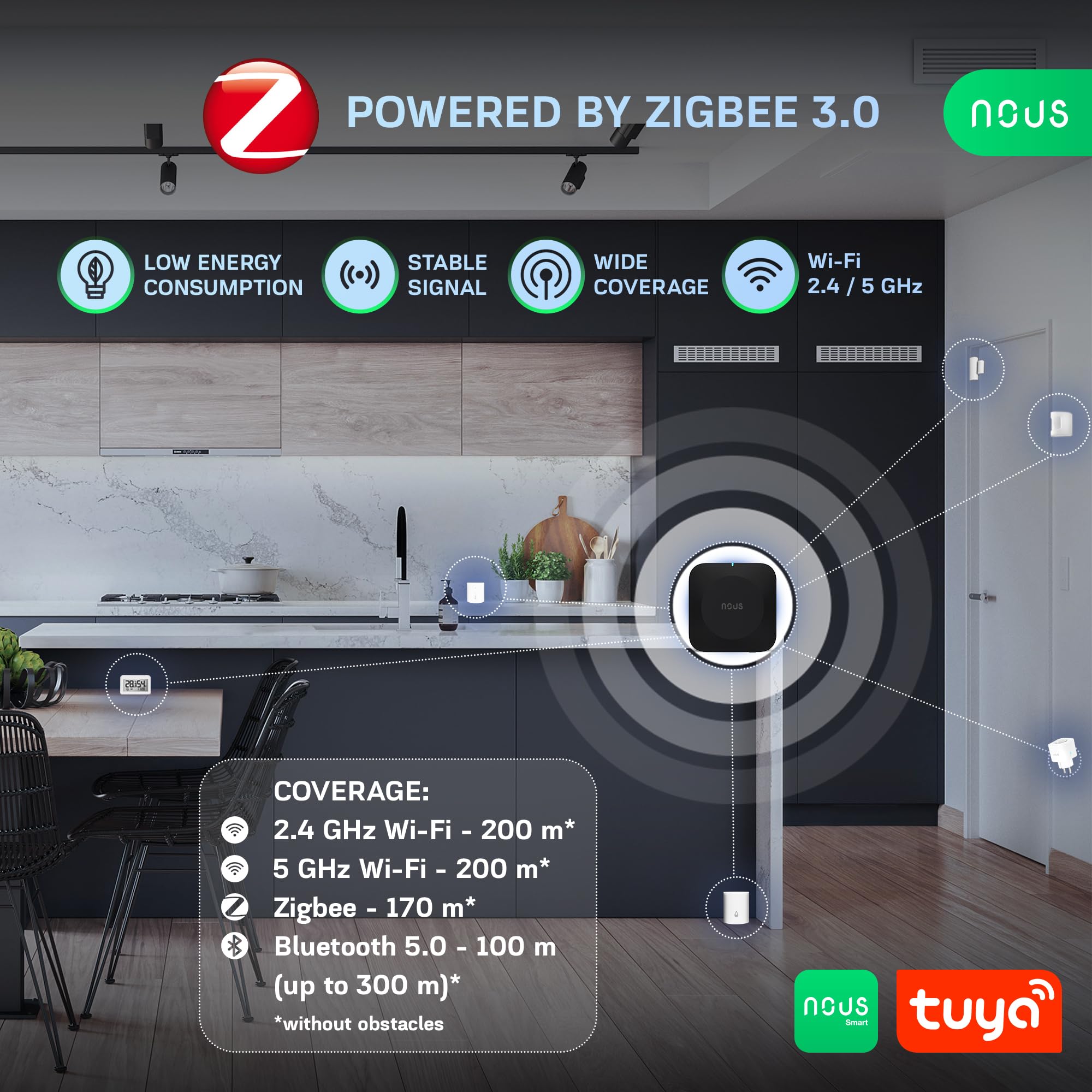 NOUS E15 Gateway ZigBee 3.0 WiFi 2.4/5 GHz, Hub Domótica Inteligente, Control App, Compatible con Alexa y Google Home, Hasta 128 Dispositivosi, WiFi Double Bande