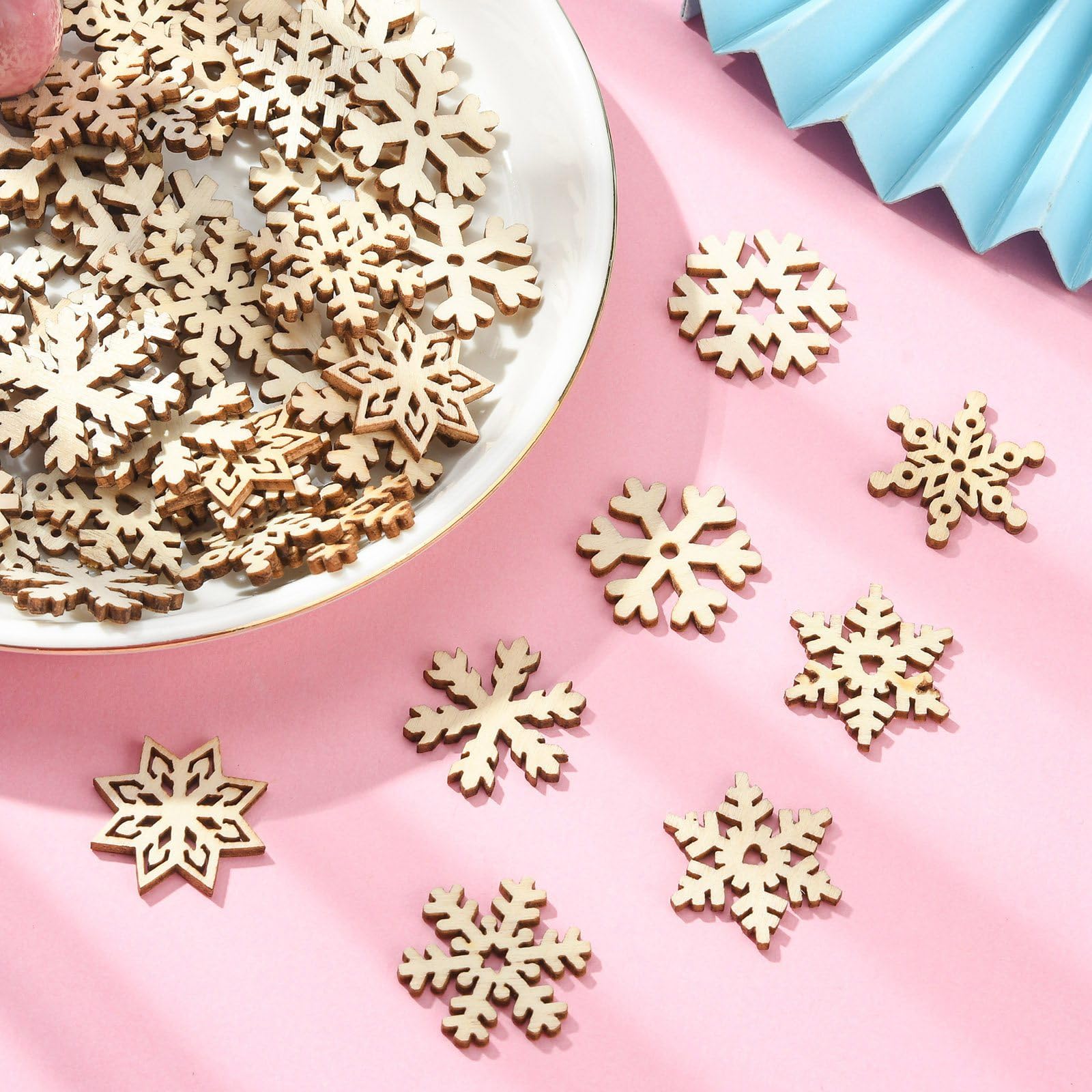UR URLIFEHALL 100 Pcs Wooden Snowflake Cutouts Hollow Christmas Hanging Wooden Ornament Cutouts for Crafts DIY Xmas Gift Home Decoration - Image 4