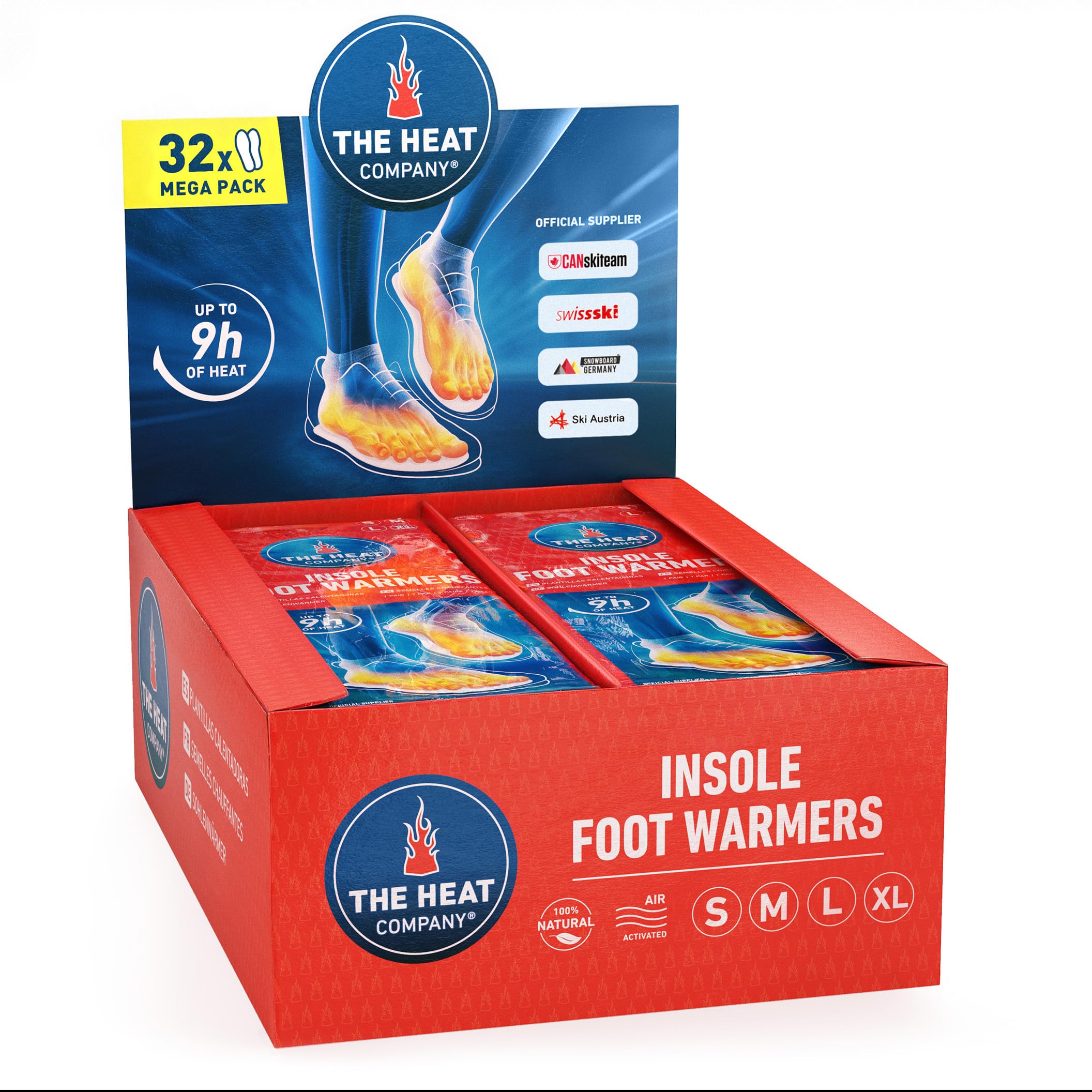 THE HEAT COMPANY Insole Foot Warmers - 6, 12 or 32 Pairs – S, M, L, XL – 9h of Warmth - Air Activated Feet Warmers - Purely Natural - Toe Warmers for