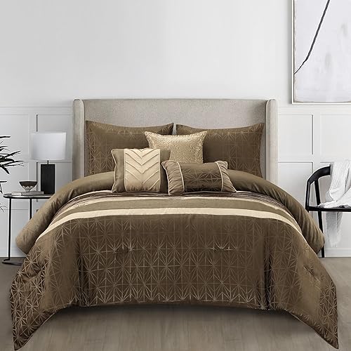 Miniatura 1 de Grand Avenue Juego de edredón geométrico beige y gris pardo para cama Queen, 6 piezas, juegos de ropa de cama y colecciones jacquard