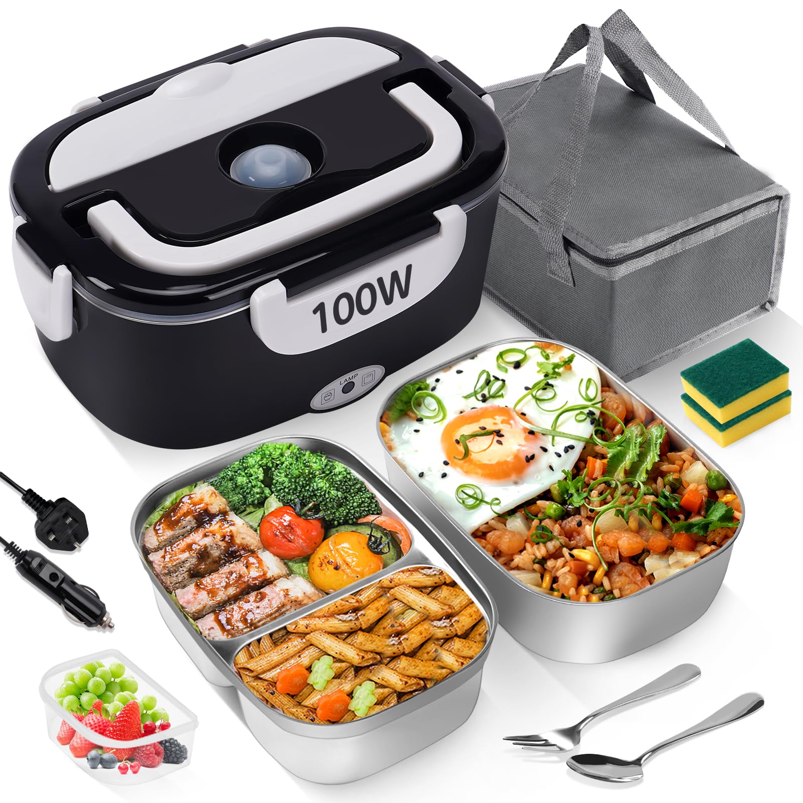 MULBEVD Electric Lunch Box Food Heater 100W, 3-in-1 Fast Heating Adult Lunch Box, 2 Removable 304 Stainless Steel Food Containers, 12V/24V/220V for Car, Truck & Office (Black, 1.5L)
