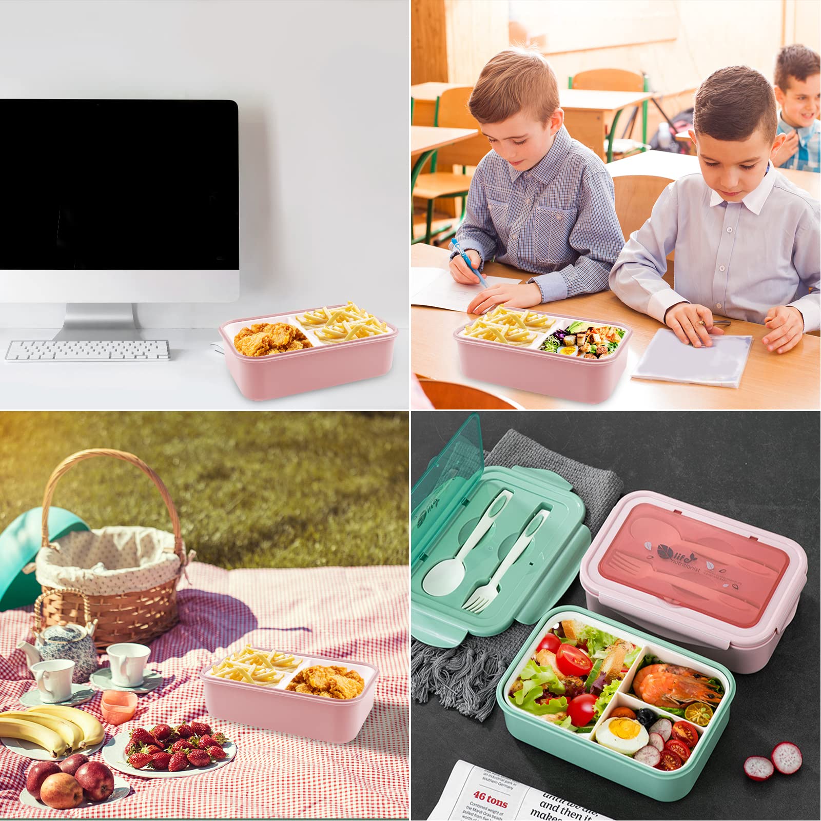 Newpop Bento Box Porta Pranzo 3 Scomparti 1400ml BPA Free Microonde Lavastoviglie Rosa