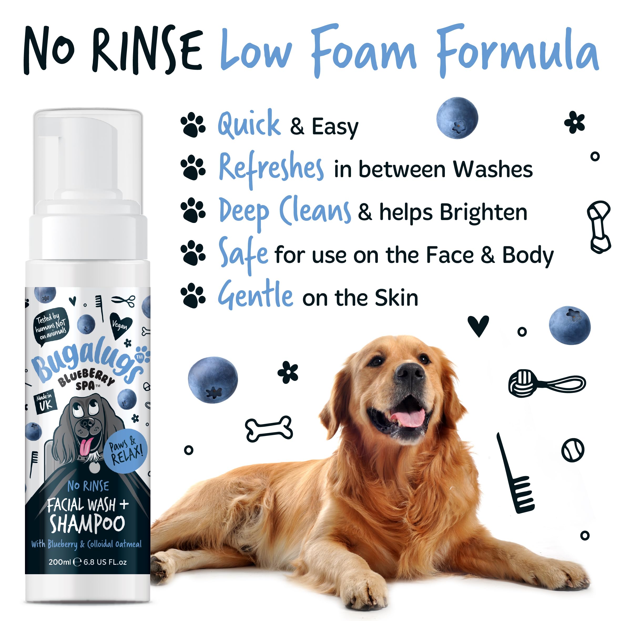 Bugalugs Dog Face Wash Dry Shampoo for Dogs Blueberry Spa Facial no rinse shampoo tear stain remover for dogs eyes Brightens & Refreshes pets faces (No Rinse Facial Wash & Shampoo 200ml) - Image 3