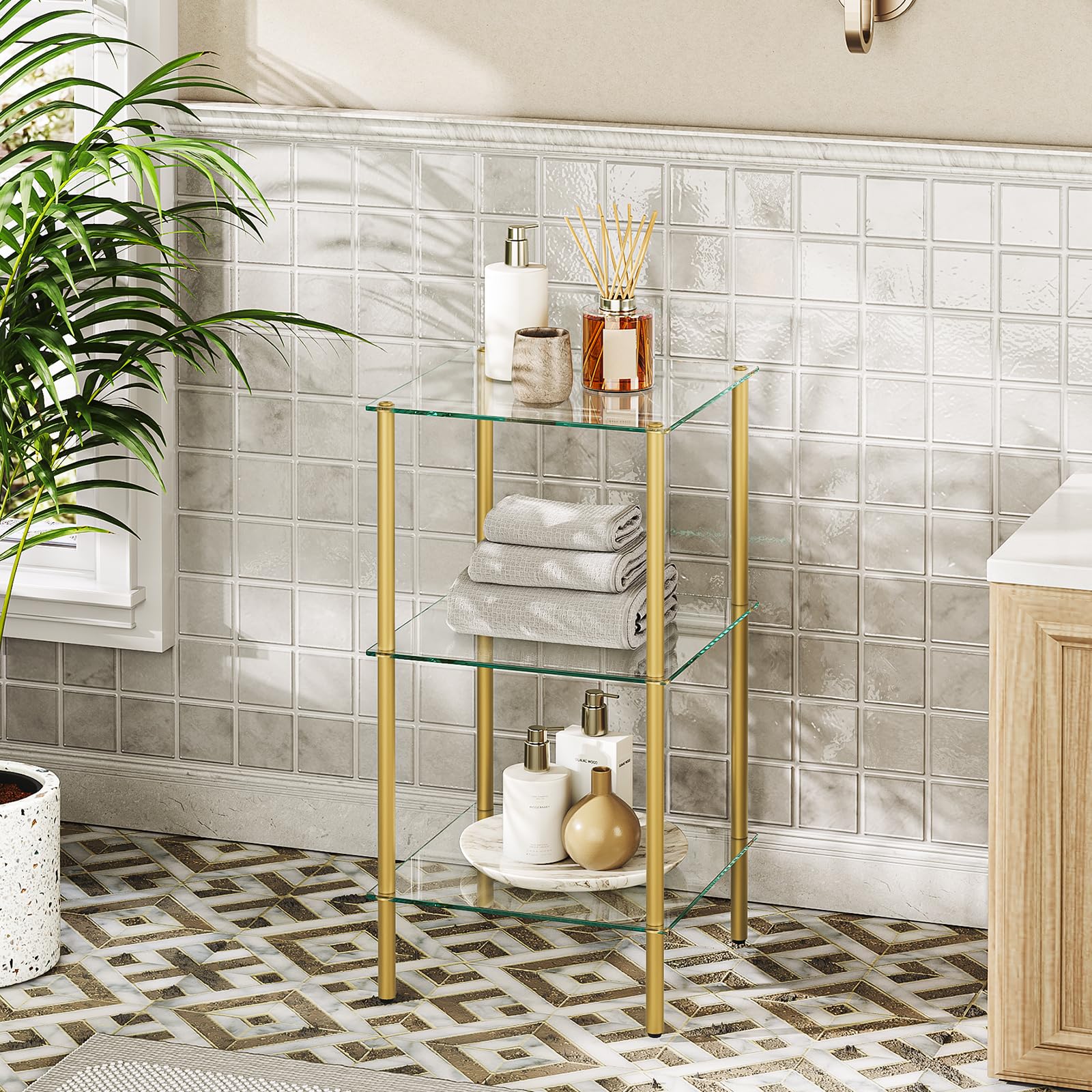 HOOBRO Glass Shelf, 3 Tier Standing Shelf Unit, Durable Glass Shelving Stand for Small Space, Space-Saving, for Bathroom, Bedroom, Home Office, Tempered Glass, Steel Frame, Gold GD03CJ01