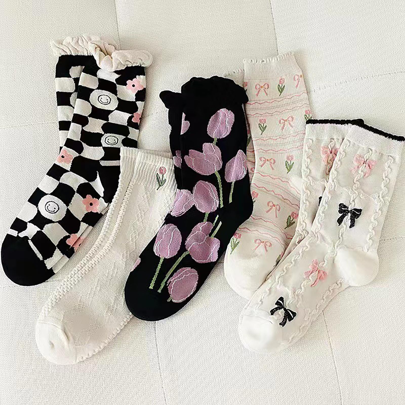 CEAeis 5 Paia Womens Floral Cotton Socks, Cartoon Modello di Fiore Calzini, Carino Fiore Cotone Crew Socks per Le Donne