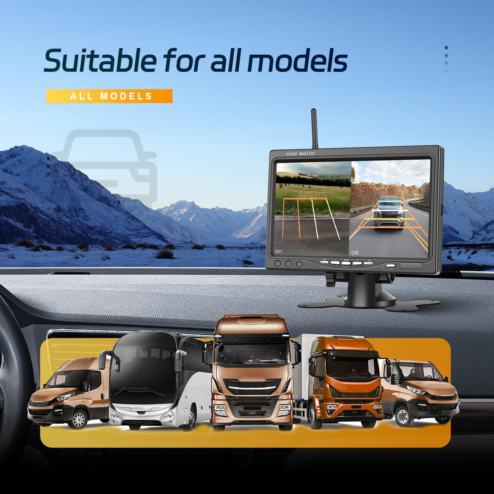 1080P 7 Pollici Digitale Senza Fili Telecamera Retromarcia Kit con 2 Telecamere Posteriore e Monitor IPS, per Auto Camion Camper 12V-36V con IP68 Impermeabile Avviso di Angolo Cieco, Visione Notturna
