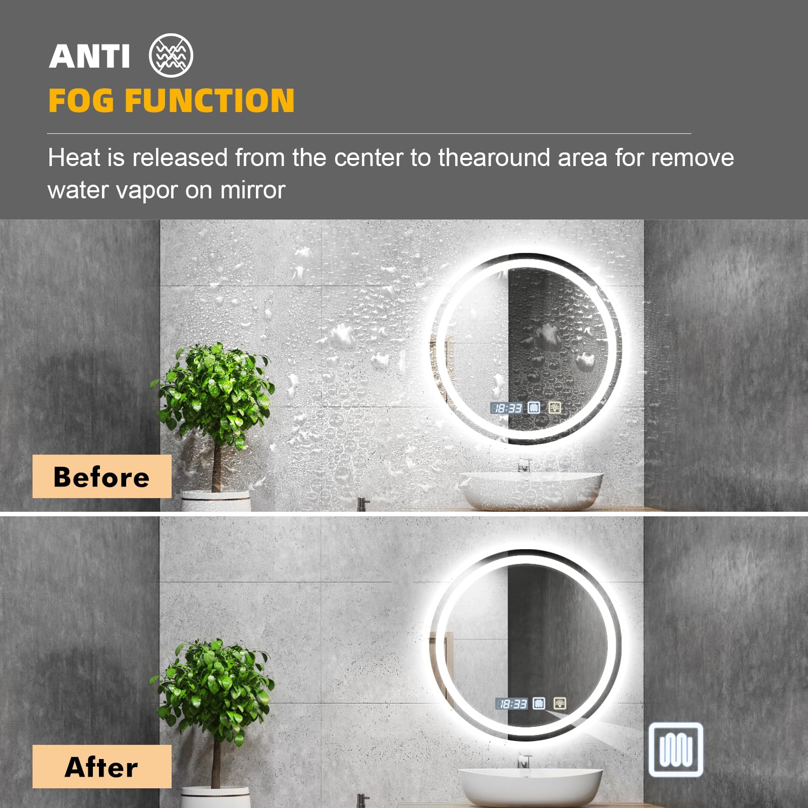 Espejo Baño con Luz 60 x 60 cm, Espejo LED baño Regulable Circular con Función Antivaho, 3 Temperaturas de Color, Ajustes de Tiempo, Función de Memoria, Sensor Táctil, Luz de Doble Cara